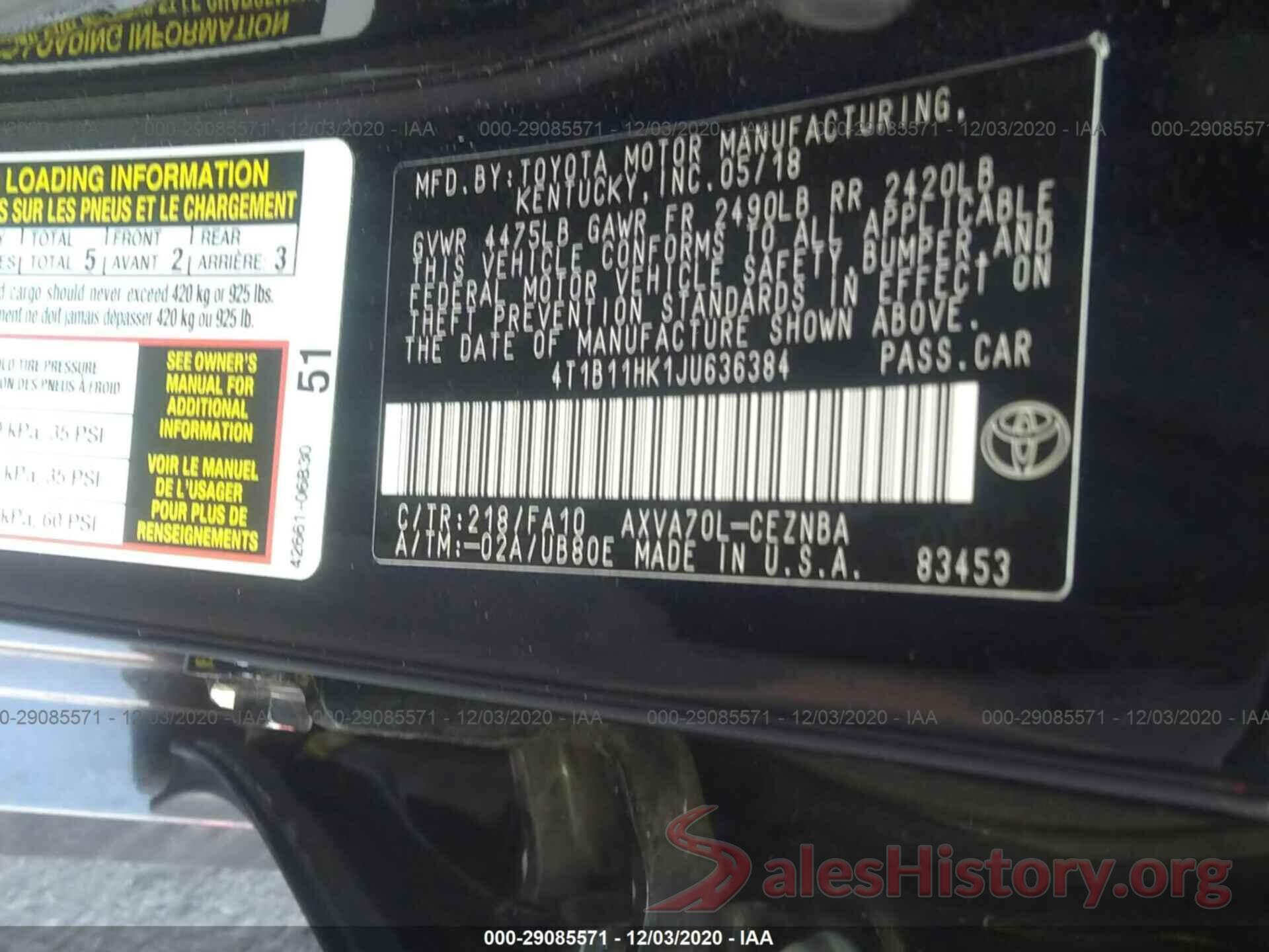 4T1B11HK1JU636384 2018 TOYOTA CAMRY