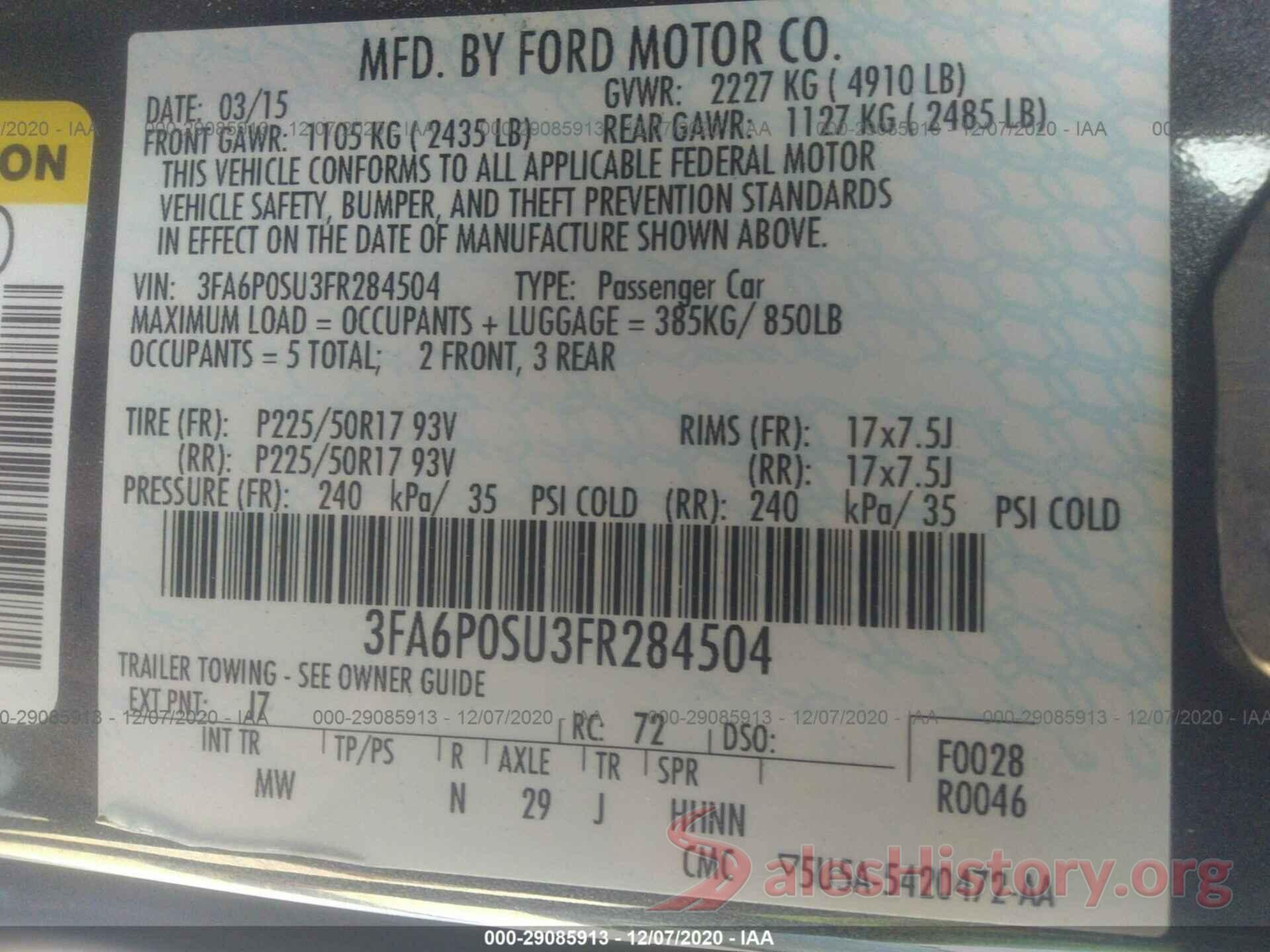 3FA6P0SU3FR284504 2015 FORD FUSION ENERGI