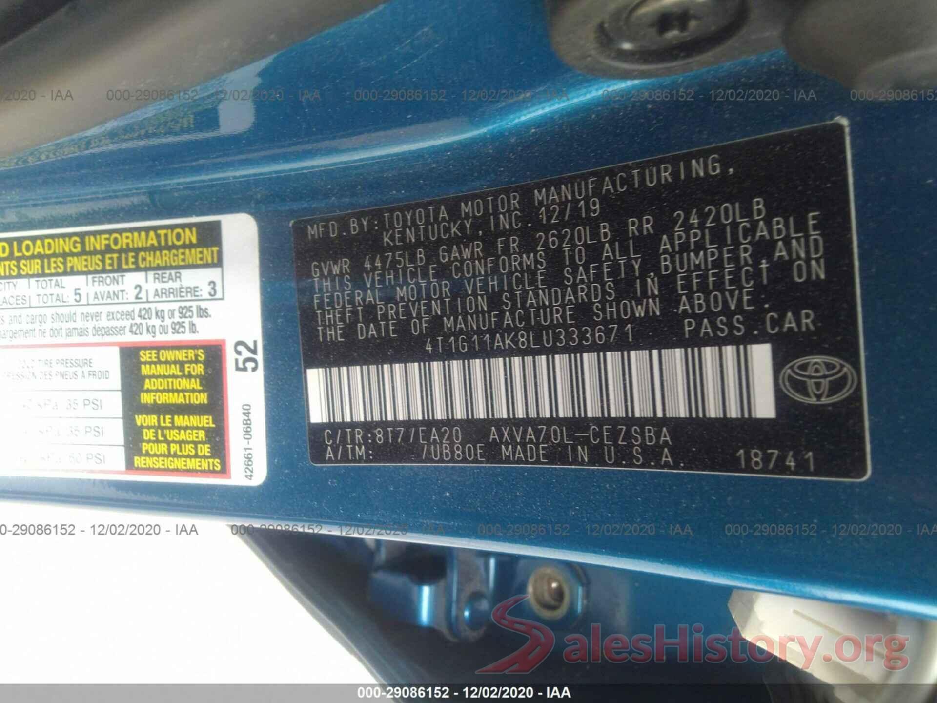 4T1G11AK8LU333671 2020 TOYOTA CAMRY