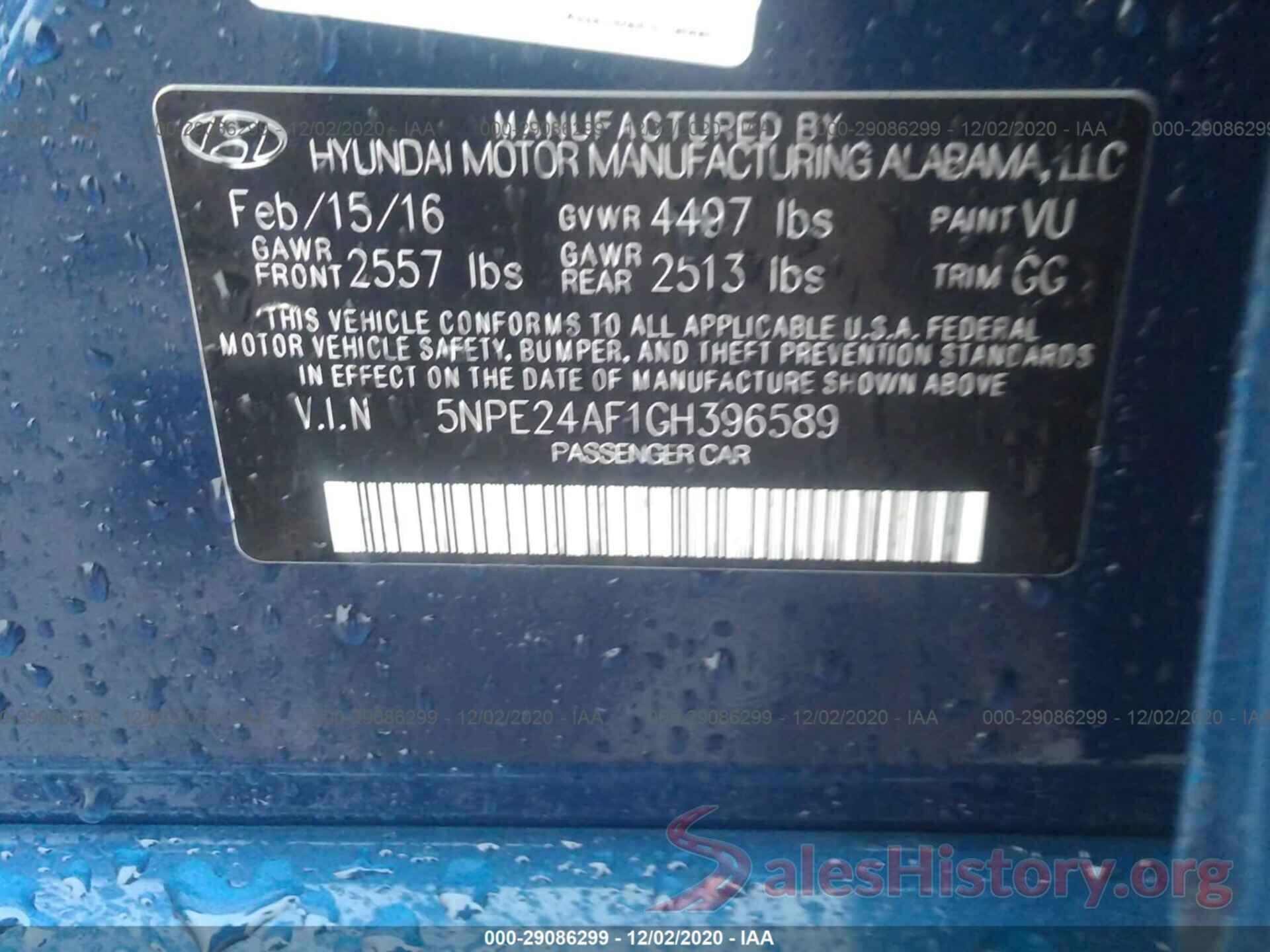 5NPE24AF1GH396589 2016 HYUNDAI SONATA