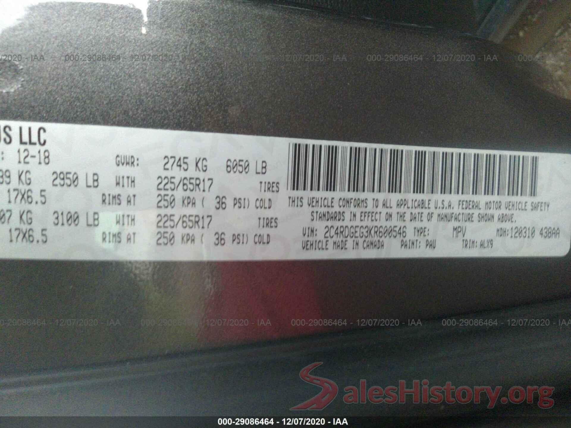 2C4RDGEG3KR600546 2019 DODGE GRAND CARAVAN