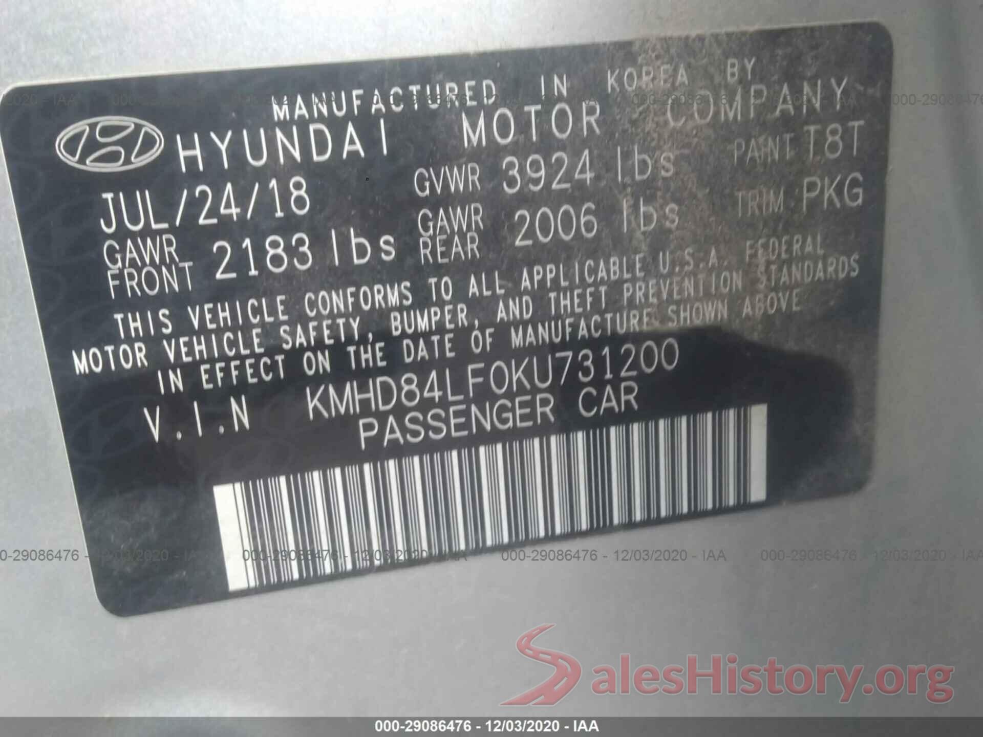 KMHD84LF0KU731200 2019 HYUNDAI ELANTRA