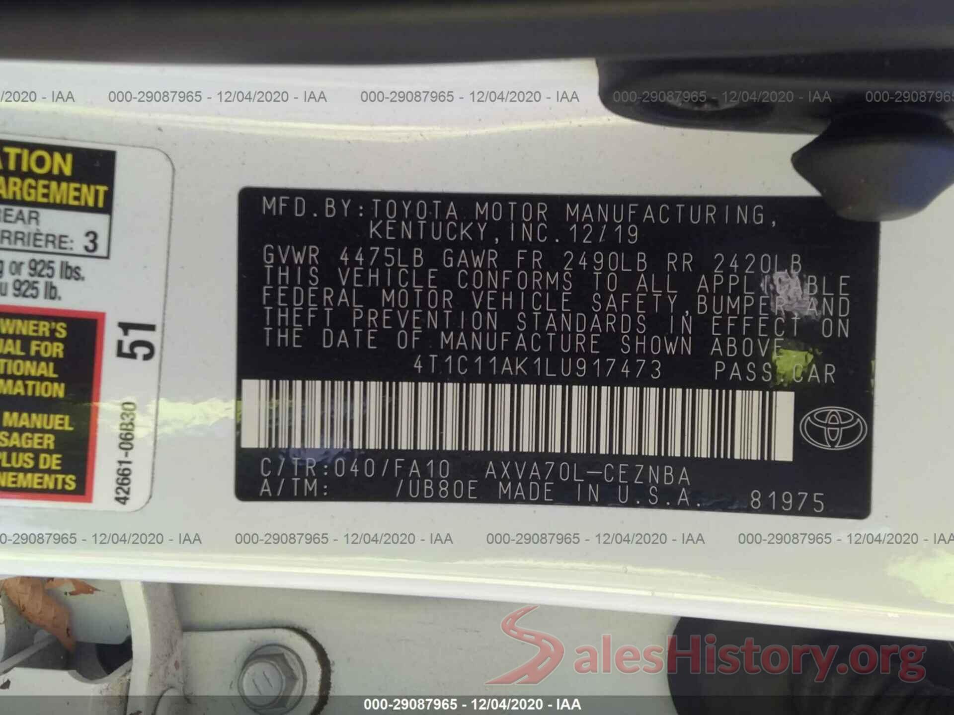 4T1C11AK1LU917473 2020 TOYOTA CAMRY