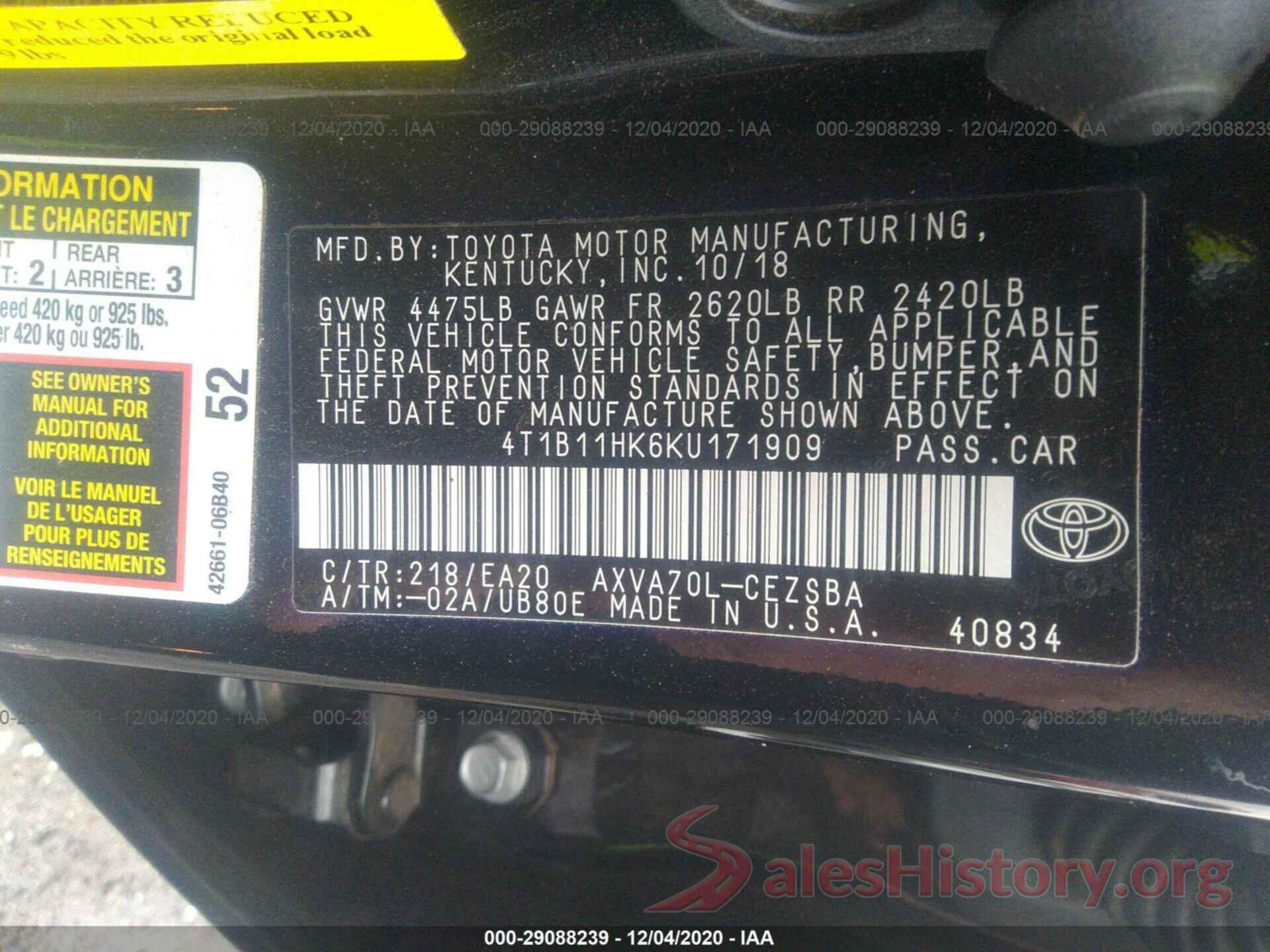 4T1B11HK6KU171909 2019 TOYOTA CAMRY