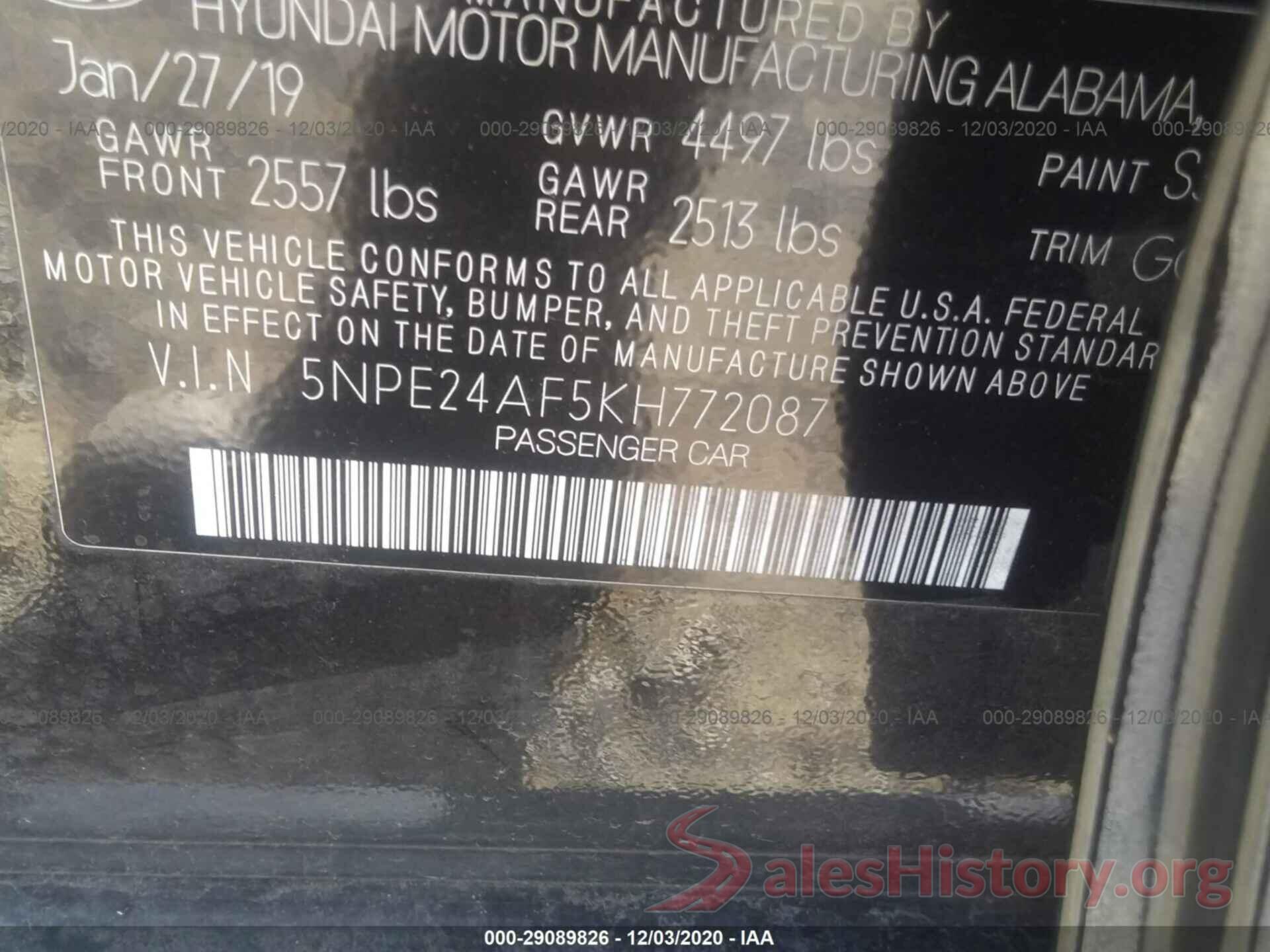 5NPE24AF5KH772087 2019 HYUNDAI SONATA