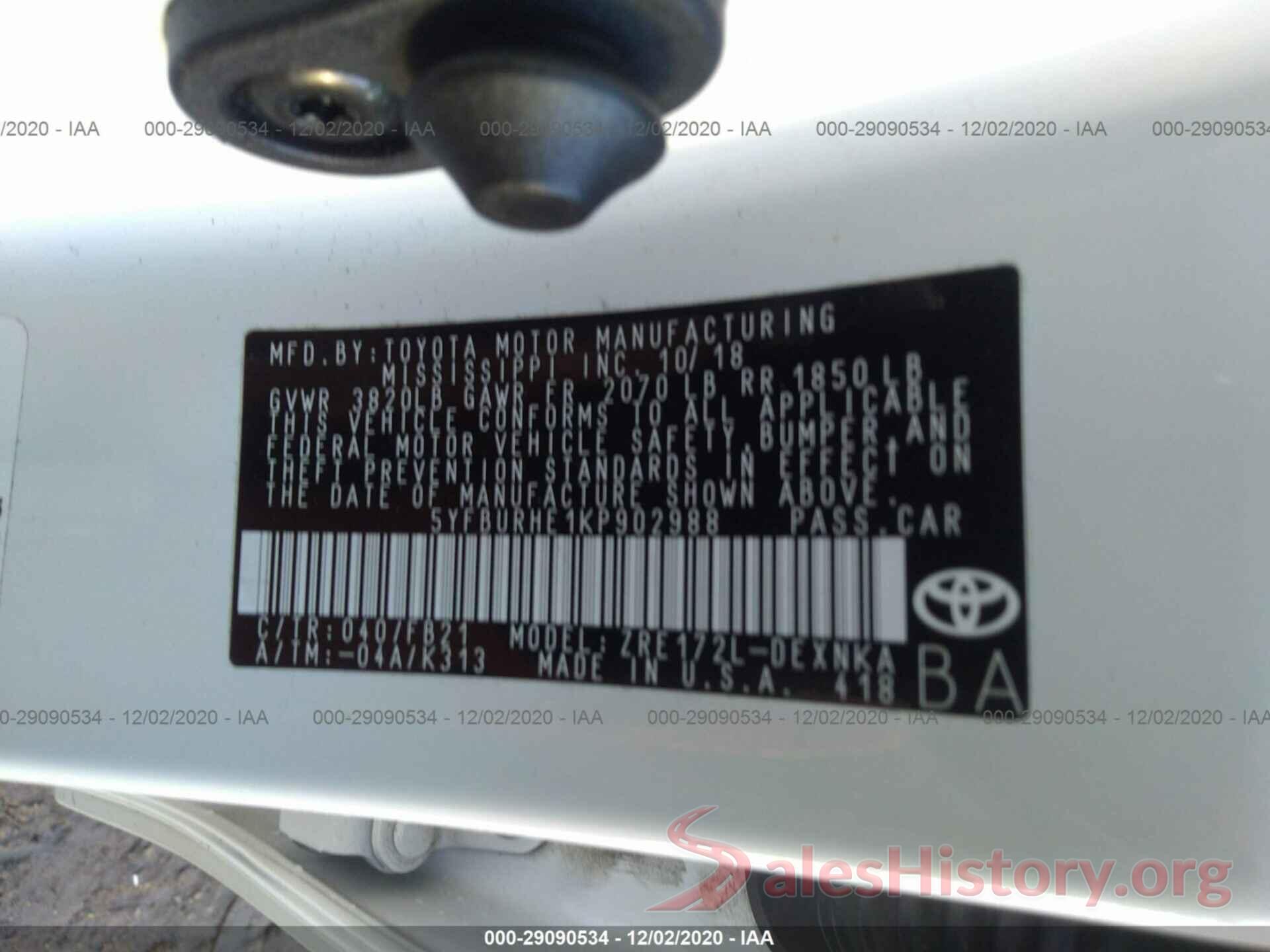 5YFBURHE1KP902988 2019 TOYOTA COROLLA