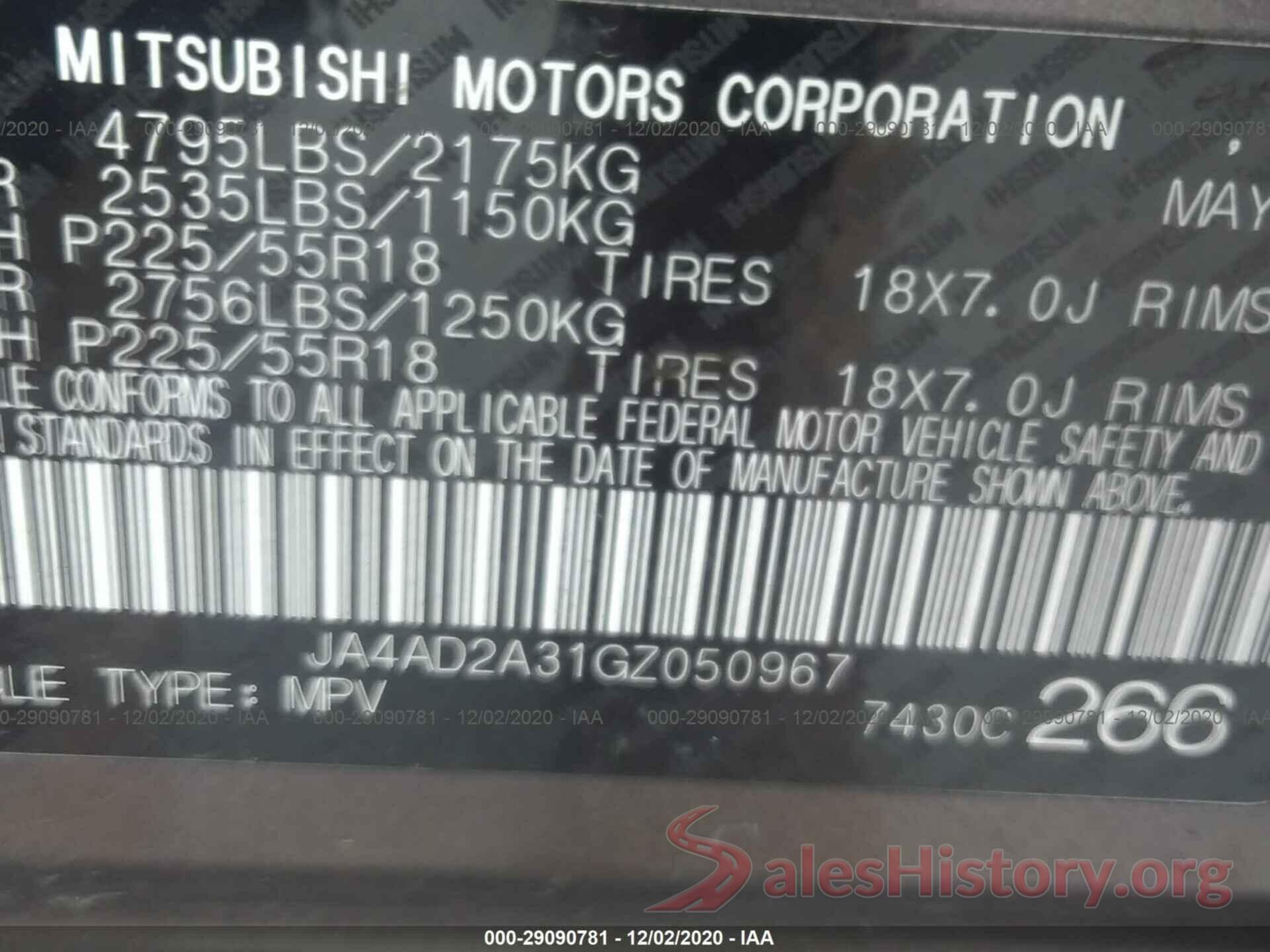 JA4AD2A31GZ050967 2016 MITSUBISHI OUTLANDER