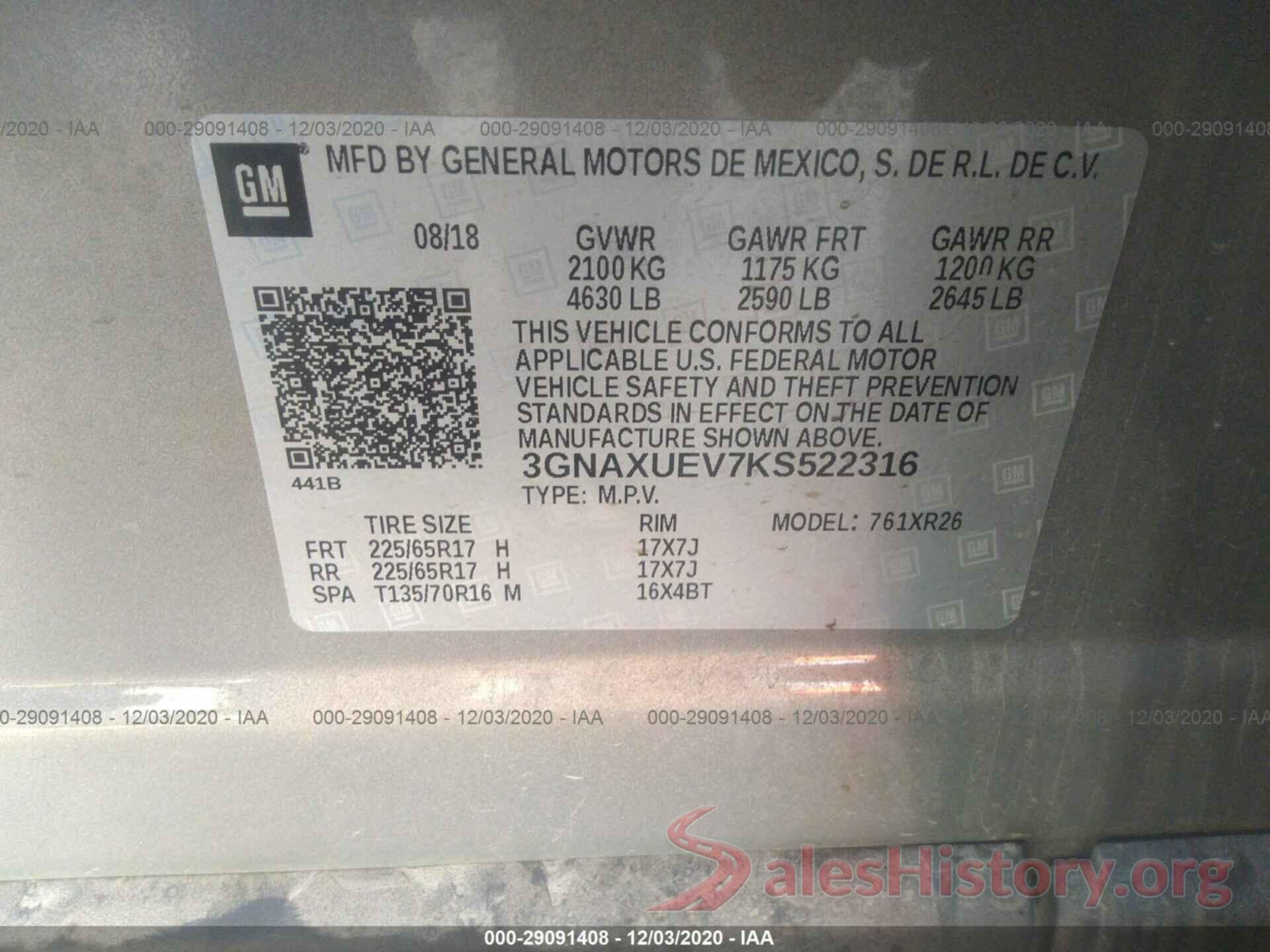 3GNAXUEV7KS522316 2019 CHEVROLET EQUINOX