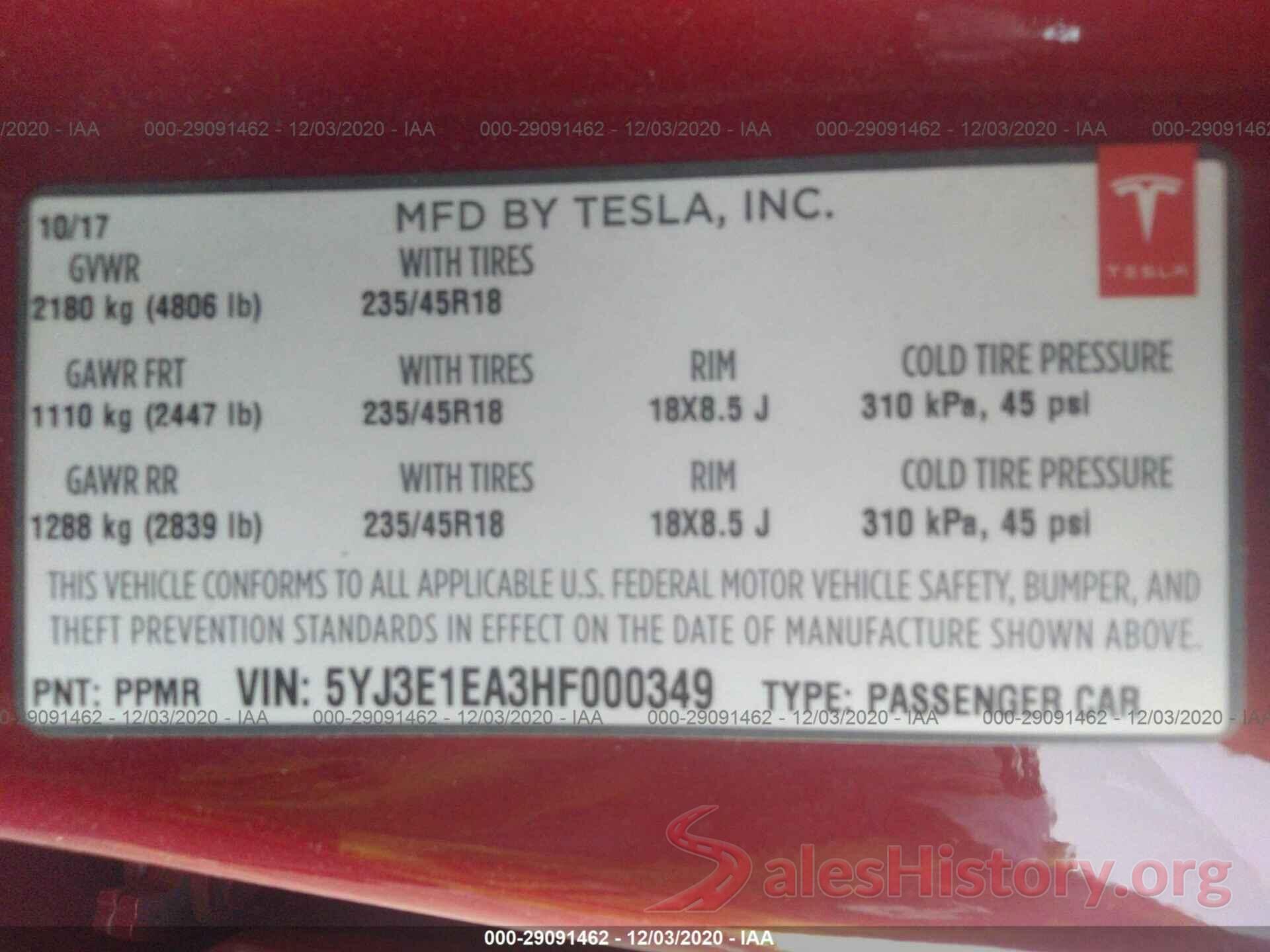 5YJ3E1EA3HF000349 2017 TESLA MODEL 3