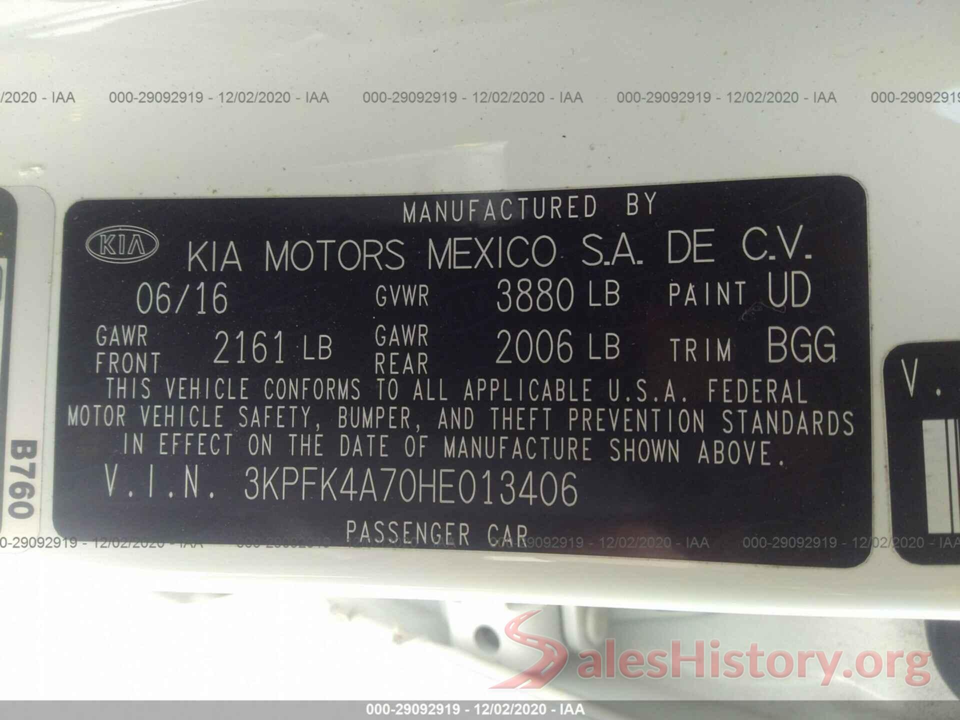 3KPFK4A70HE013406 2017 KIA FORTE