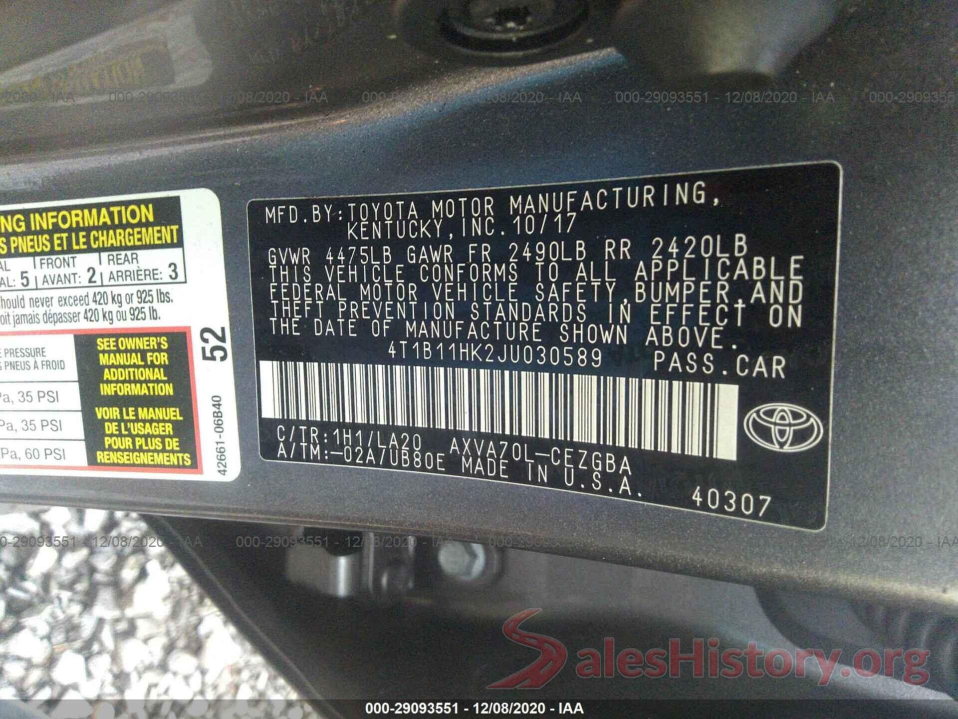 4T1B11HK2JU030589 2018 TOYOTA CAMRY