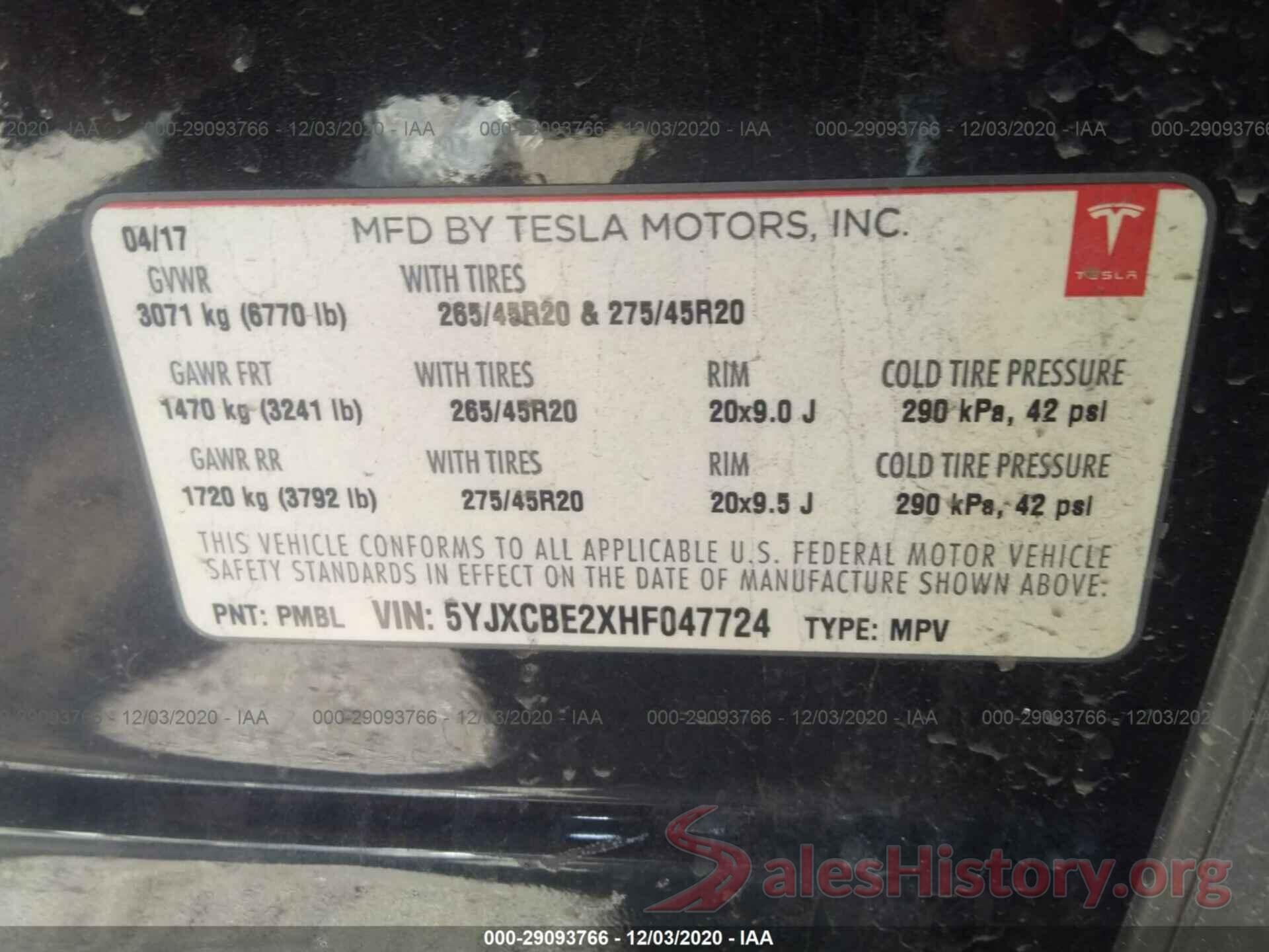 5YJXCBE2XHF047724 2017 TESLA MODEL X