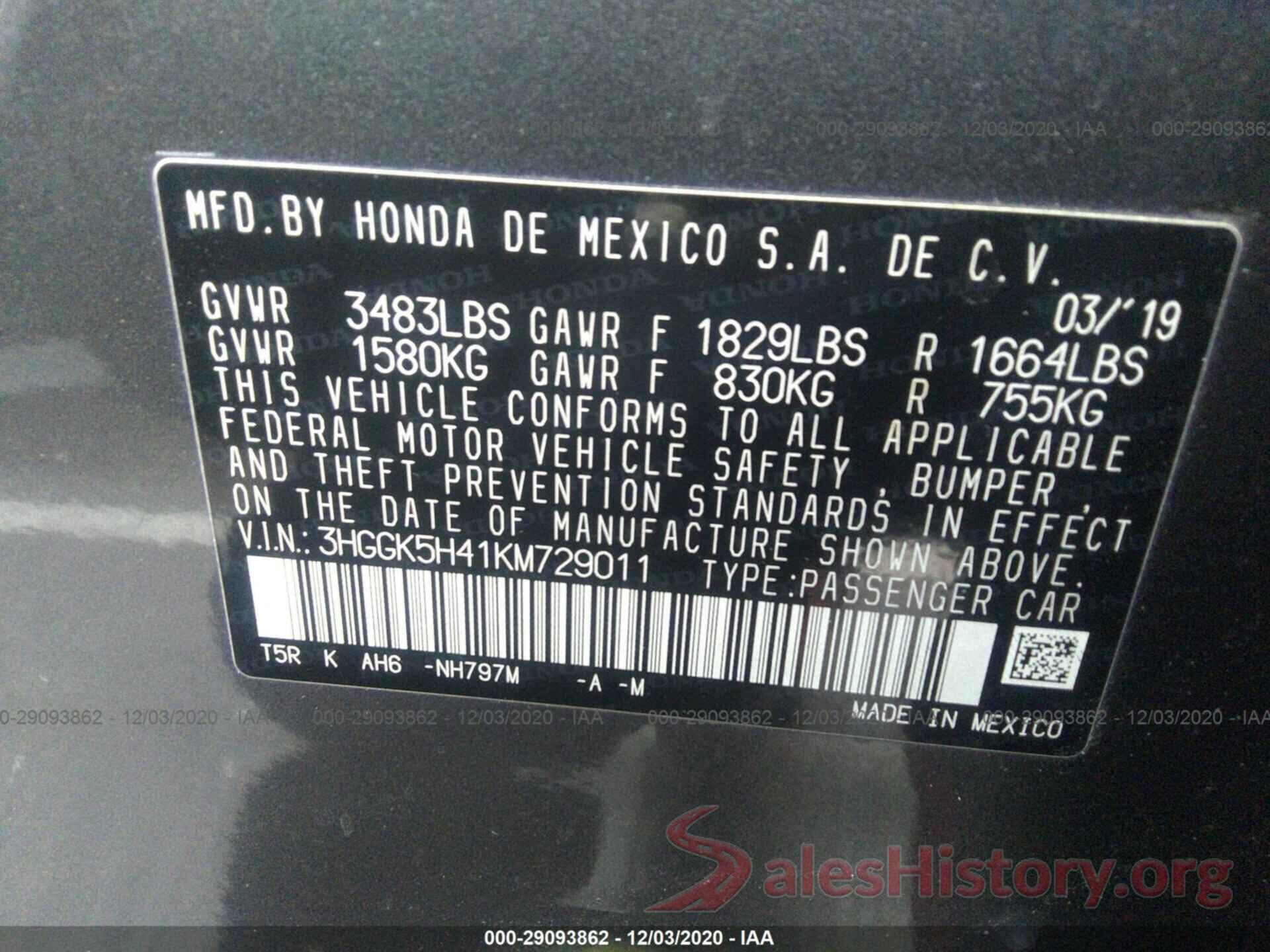 3HGGK5H41KM729011 2019 HONDA FIT