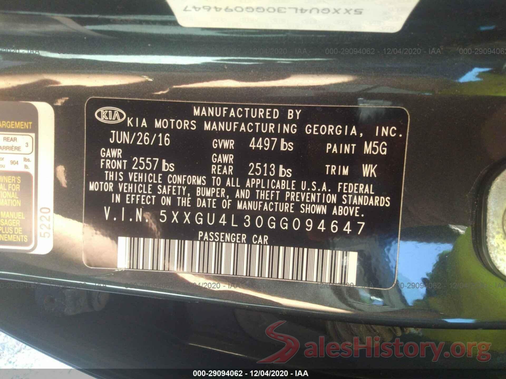 5XXGU4L30GG094647 2016 KIA OPTIMA