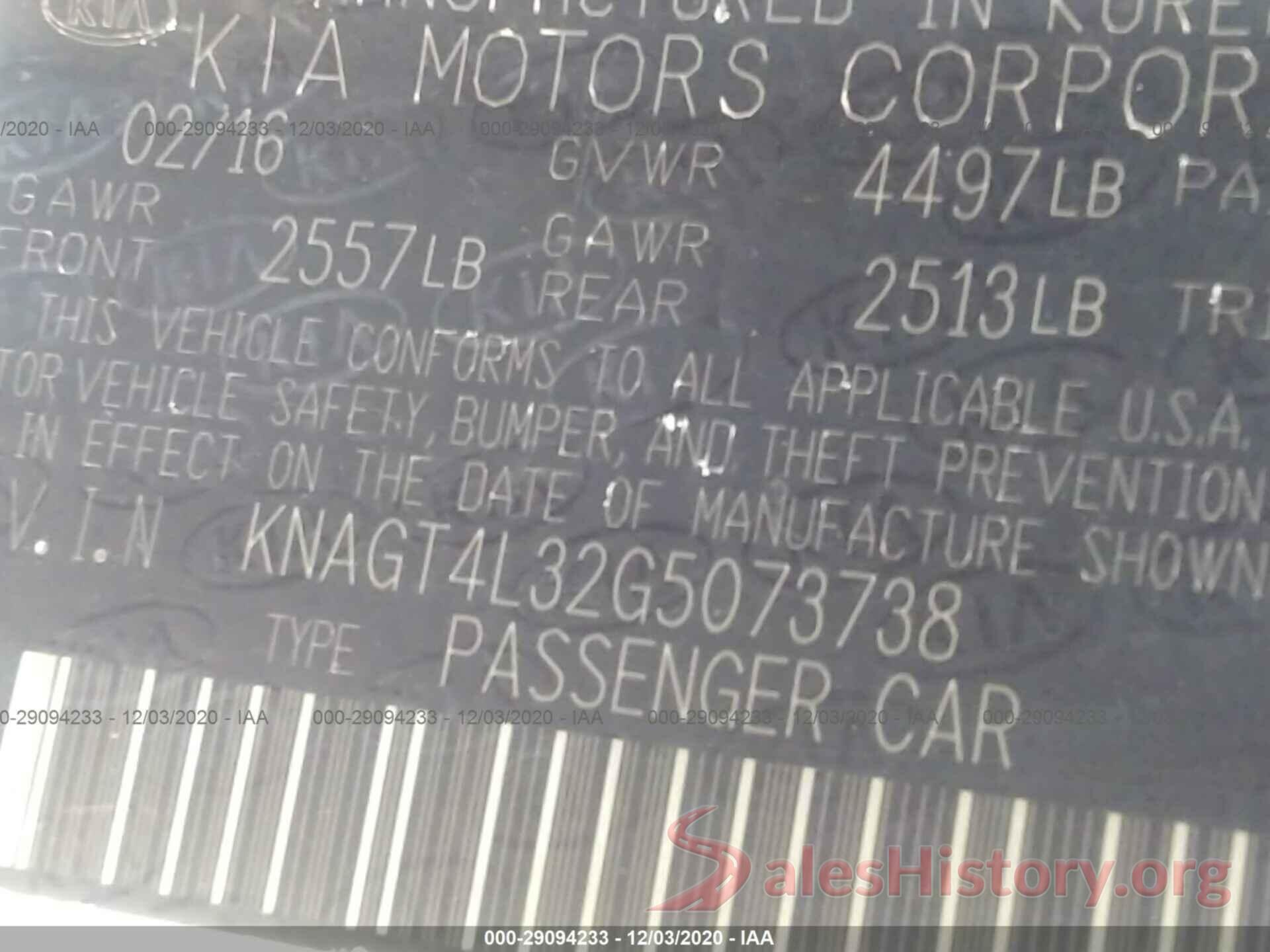 KNAGT4L32G5073738 2016 KIA OPTIMA