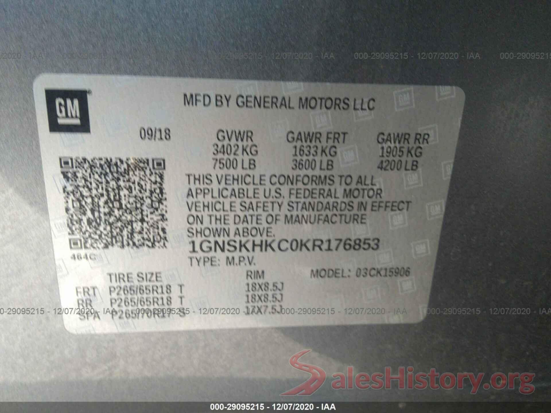 1GNSKHKC0KR176853 2019 CHEVROLET SUBURBAN