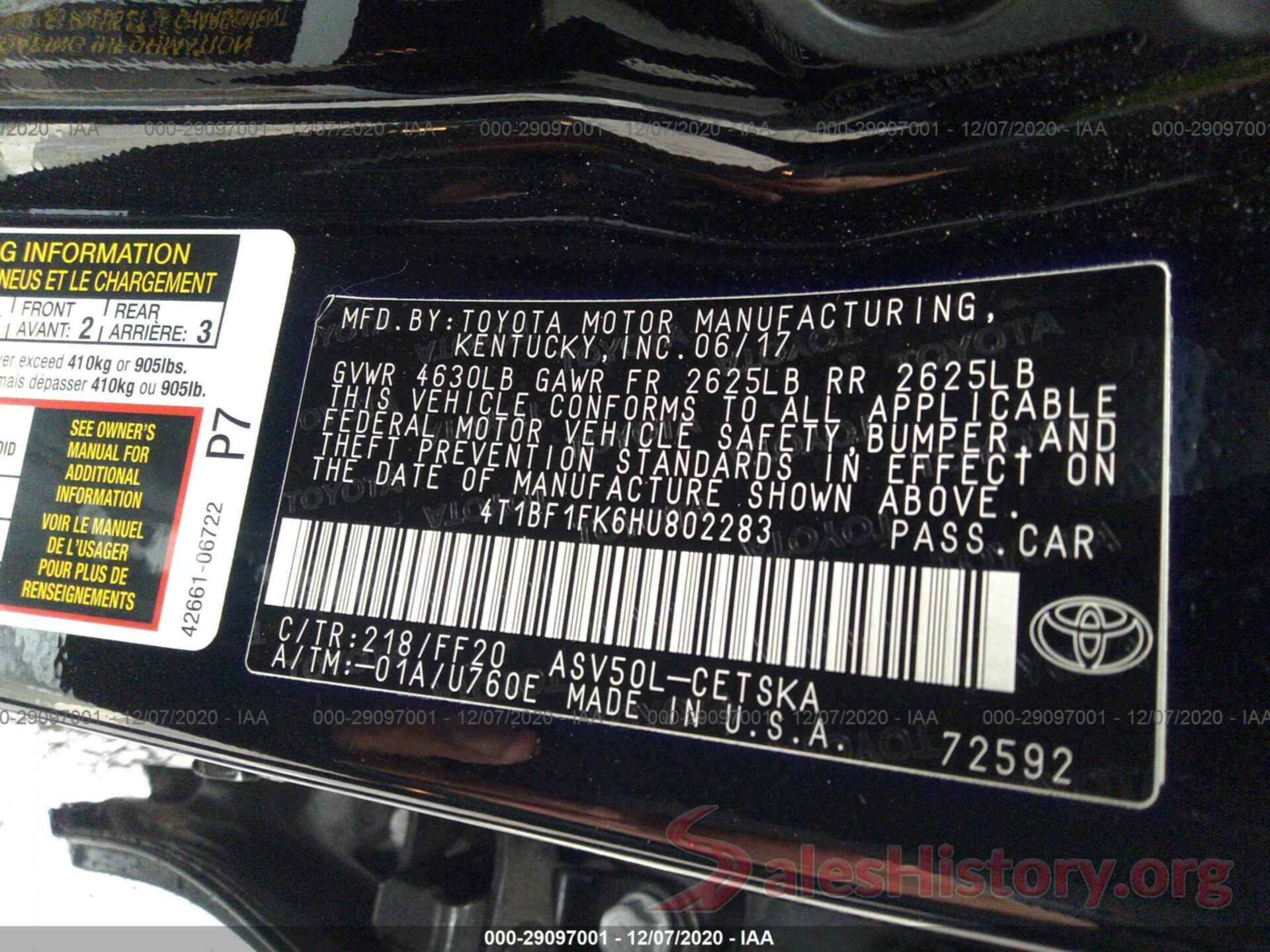 4T1BF1FK6HU802283 2017 TOYOTA CAMRY