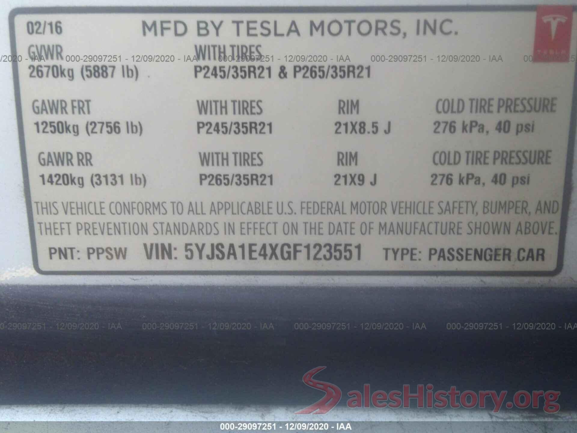 5YJSA1E4XGF123551 2016 TESLA MODEL S