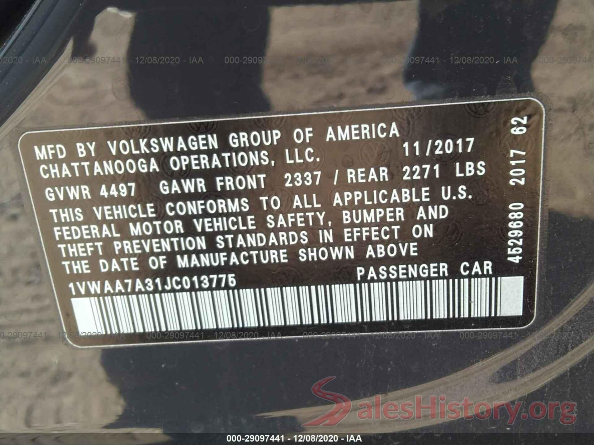 1VWAA7A31JC013775 2018 VOLKSWAGEN PASSAT