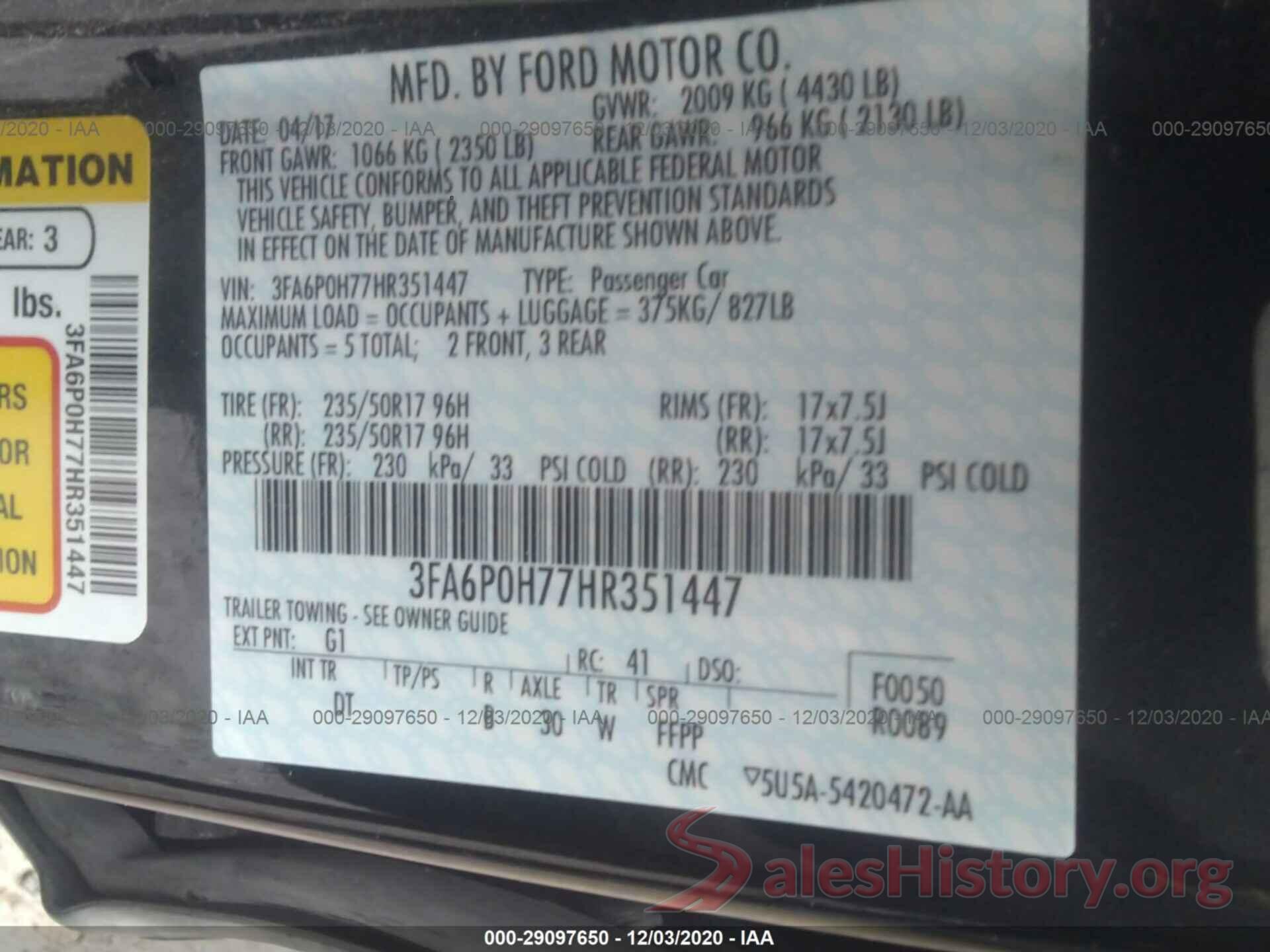 3FA6P0H77HR351447 2017 FORD FUSION