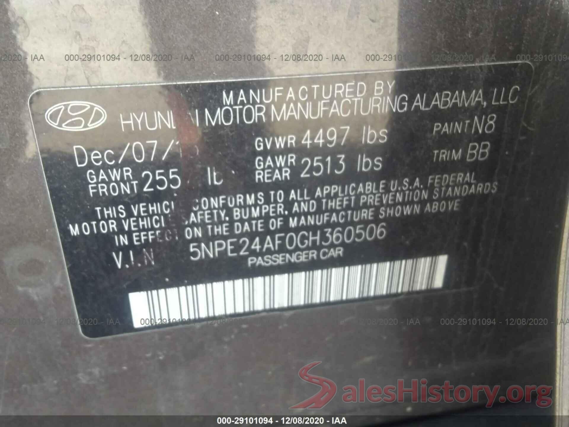 5NPE24AF0GH360506 2016 HYUNDAI SONATA