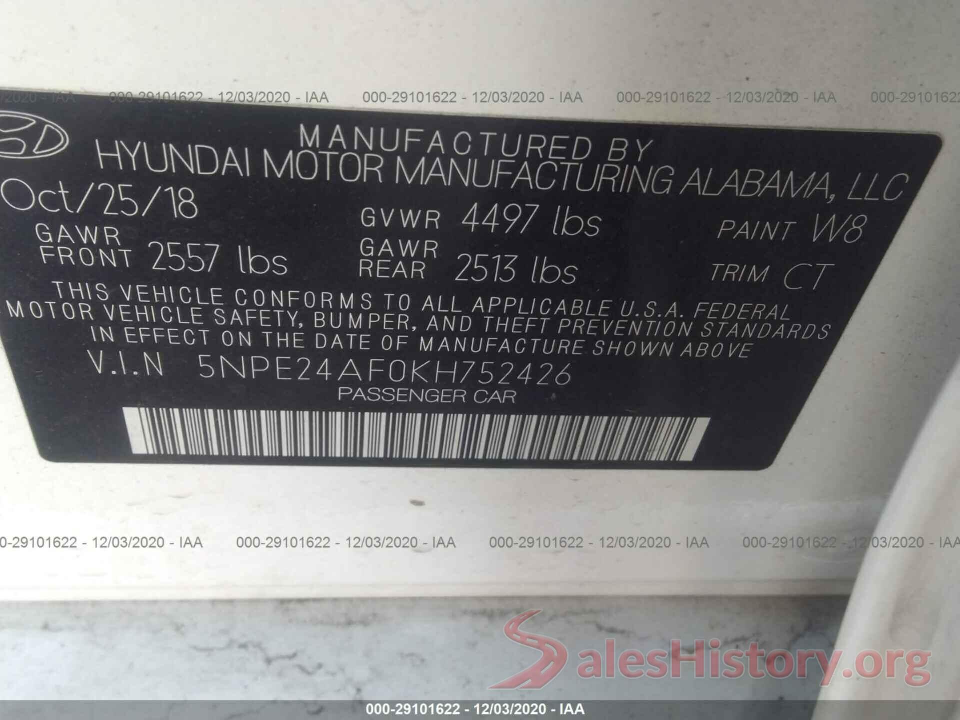 5NPE24AF0KH752426 2019 HYUNDAI SONATA