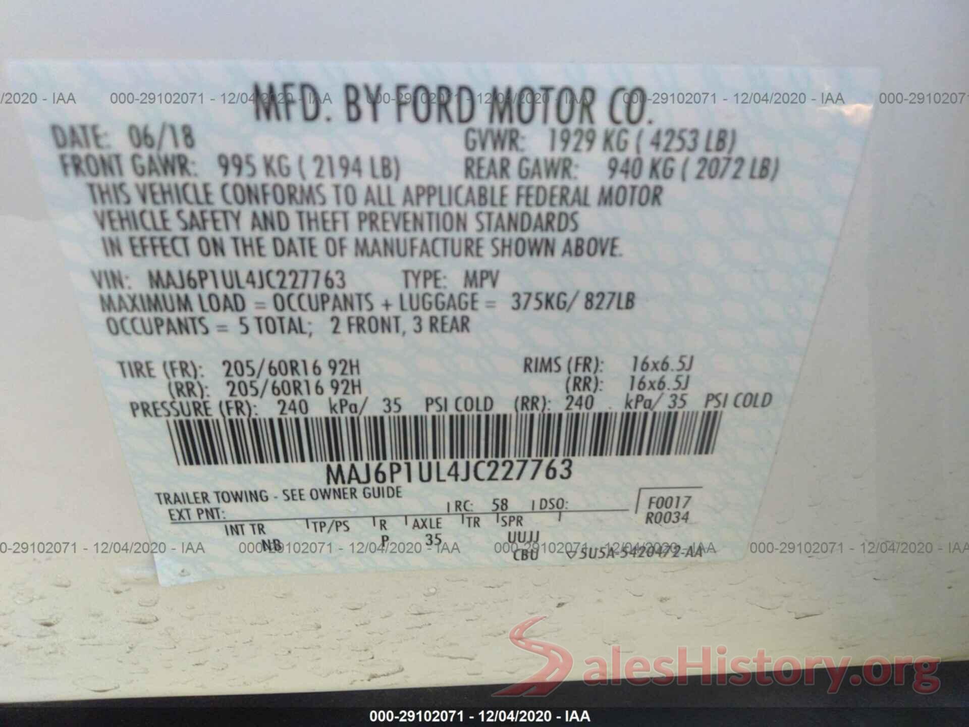 MAJ6P1UL4JC227763 2018 FORD ECOSPORT