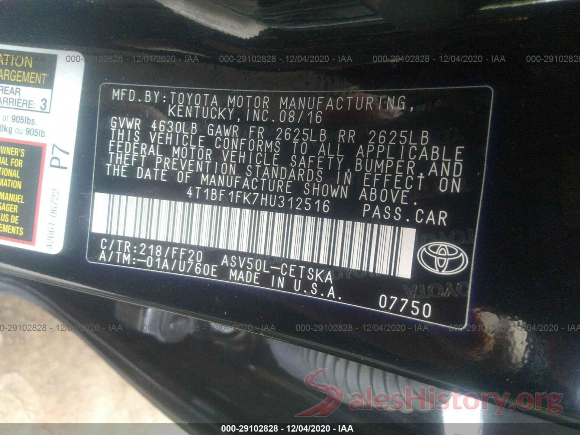 4T1BF1FK7HU312516 2017 TOYOTA CAMRY