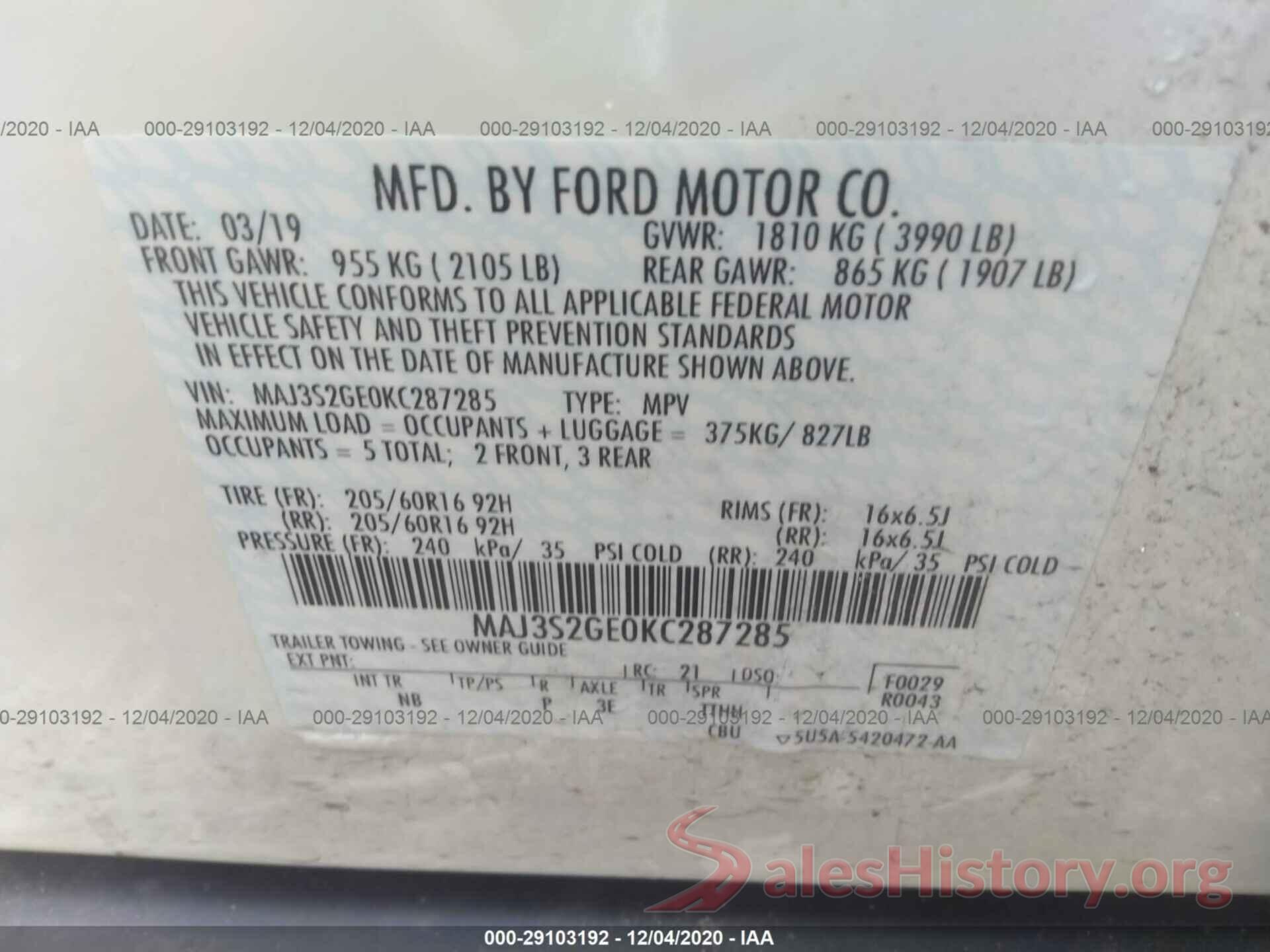 MAJ3S2GE0KC287285 2019 FORD ECOSPORT