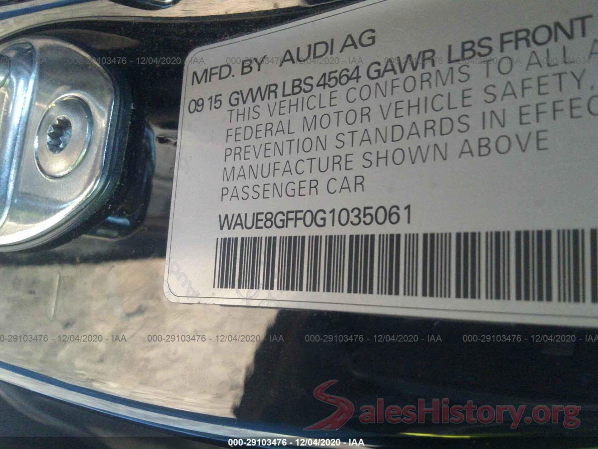 WAUE8GFF0G1035061 2016 AUDI A3