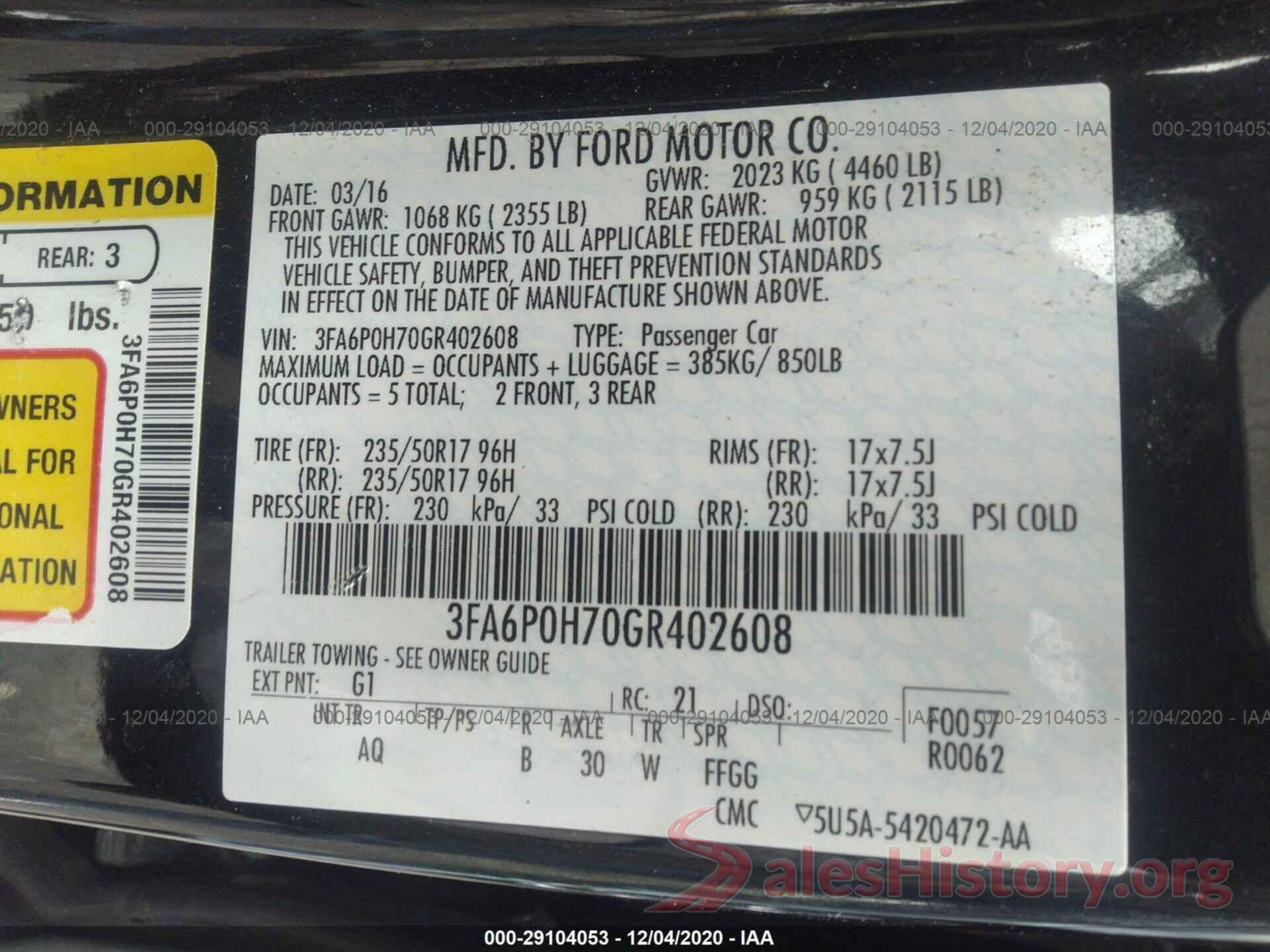 3FA6P0H70GR402608 2016 FORD FUSION