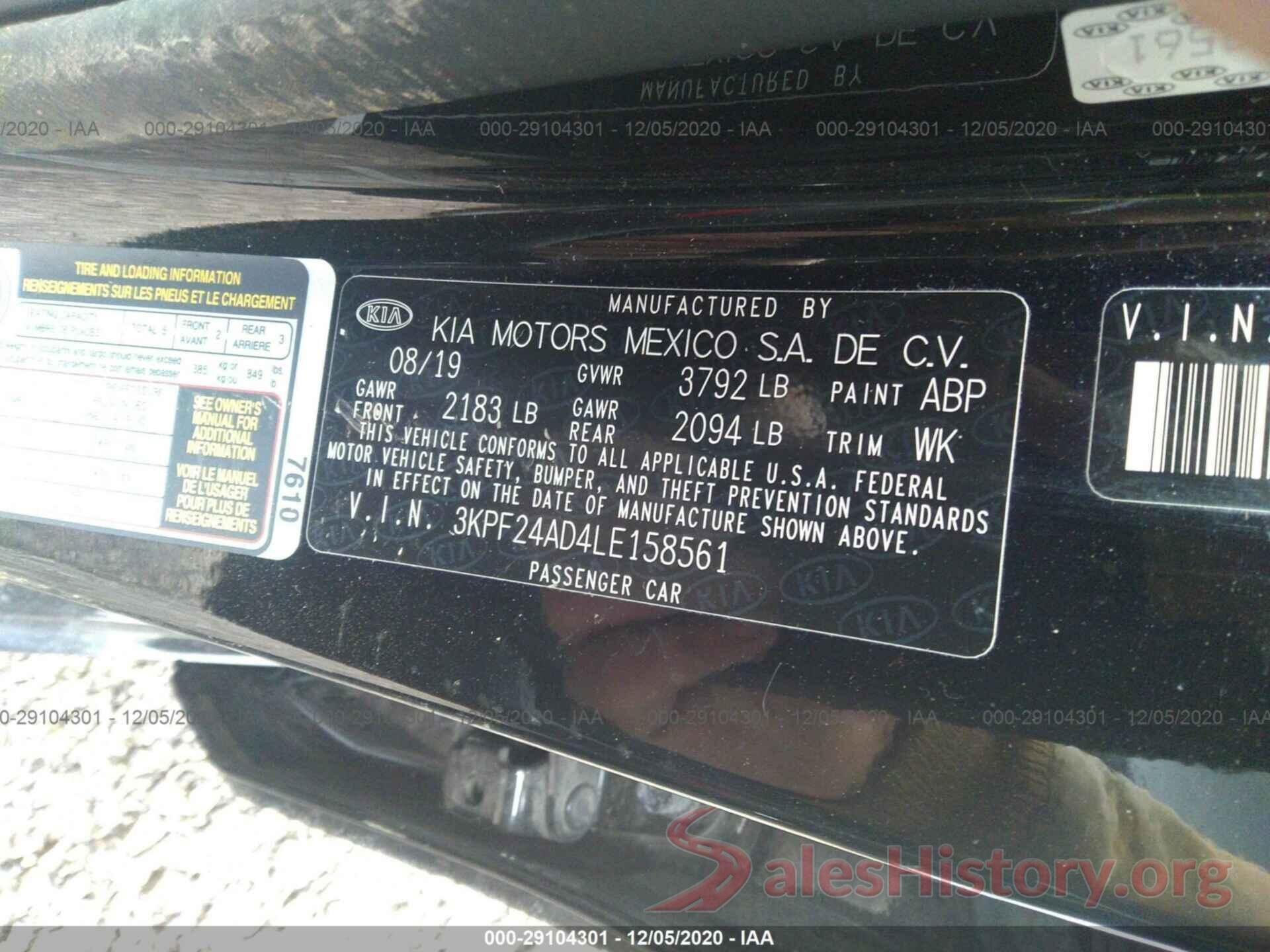 3KPF24AD4LE158561 2020 KIA FORTE