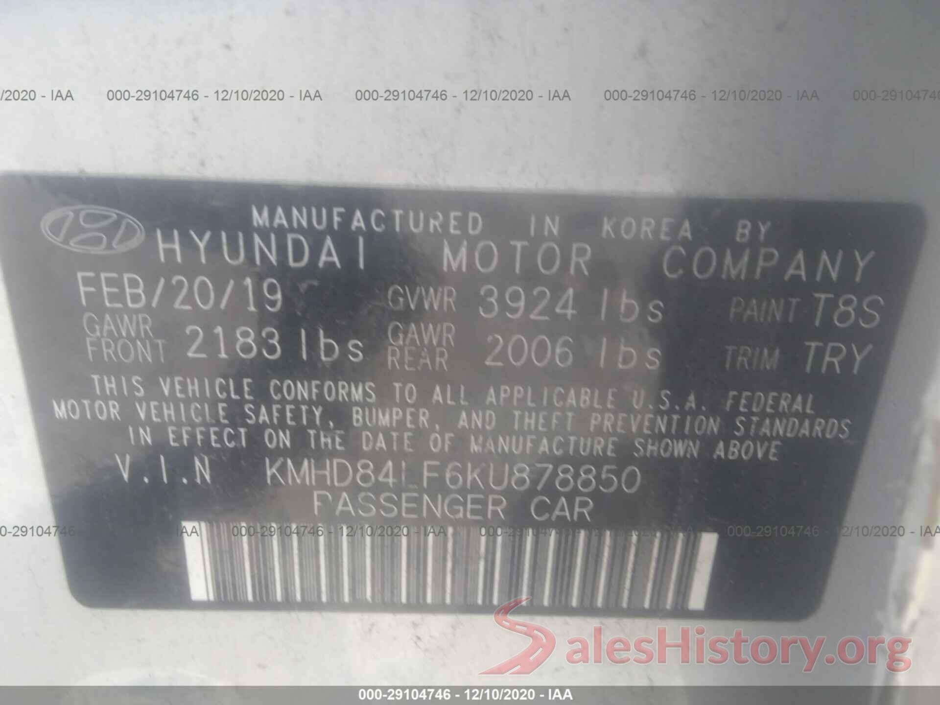 KMHD84LF6KU878850 2019 HYUNDAI ELANTRA