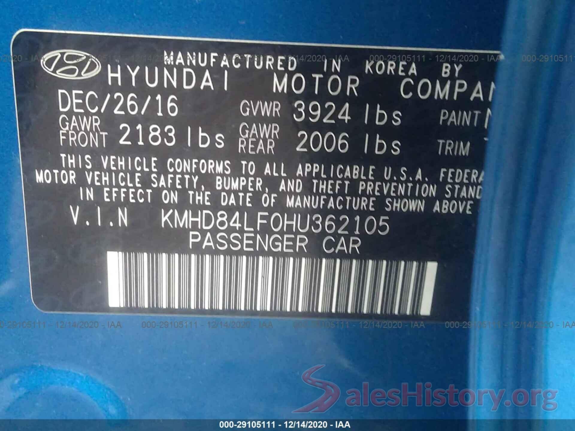 KMHD84LF0HU362105 2017 HYUNDAI ELANTRA