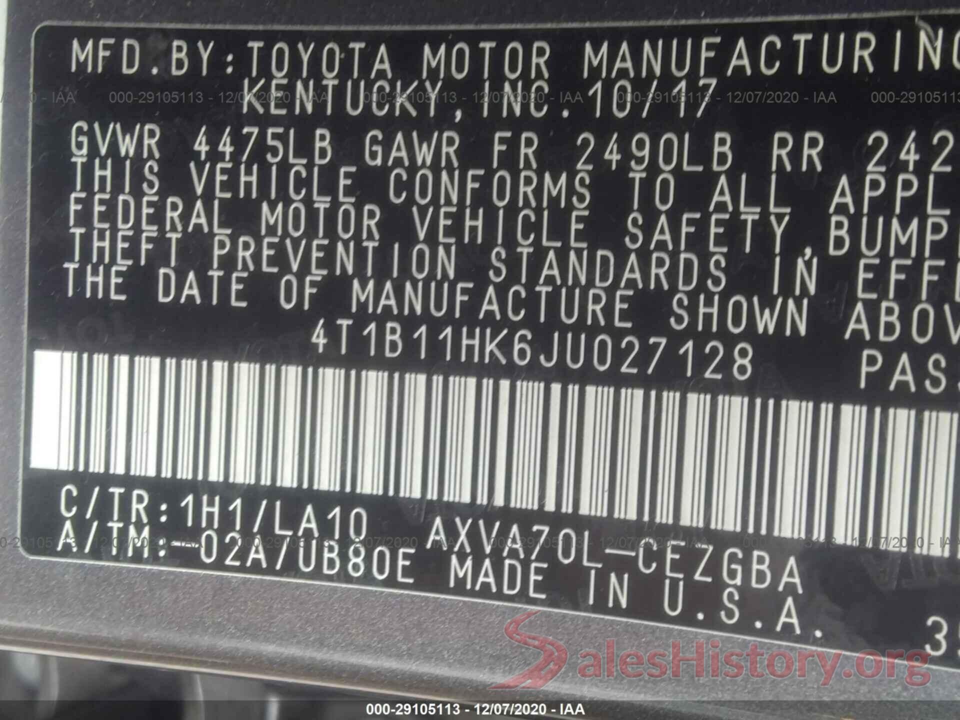 4T1B11HK6JU027128 2018 TOYOTA CAMRY