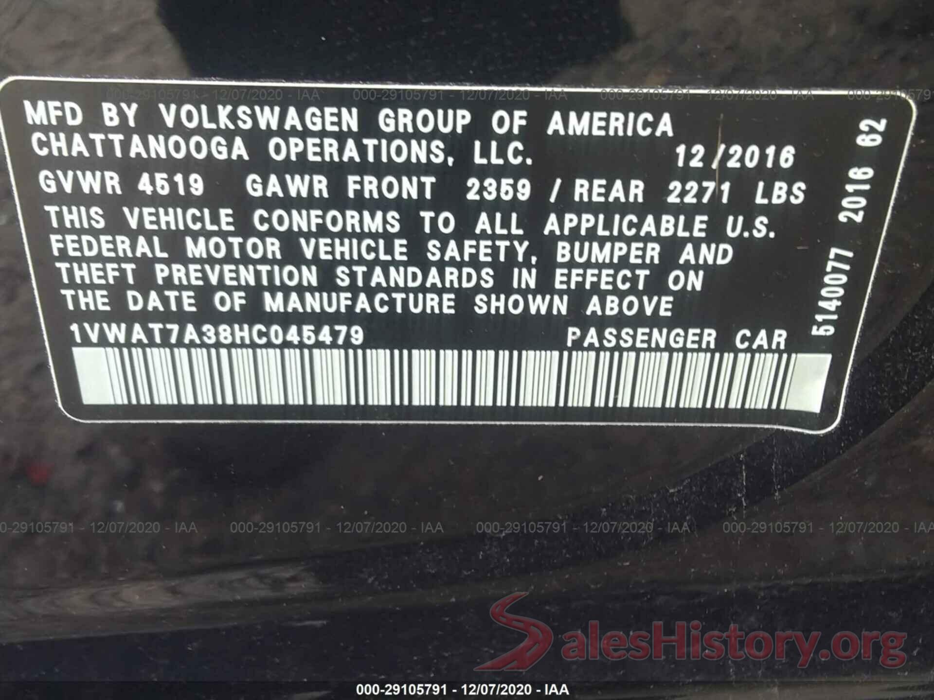 1VWAT7A38HC045479 2017 VOLKSWAGEN PASSAT