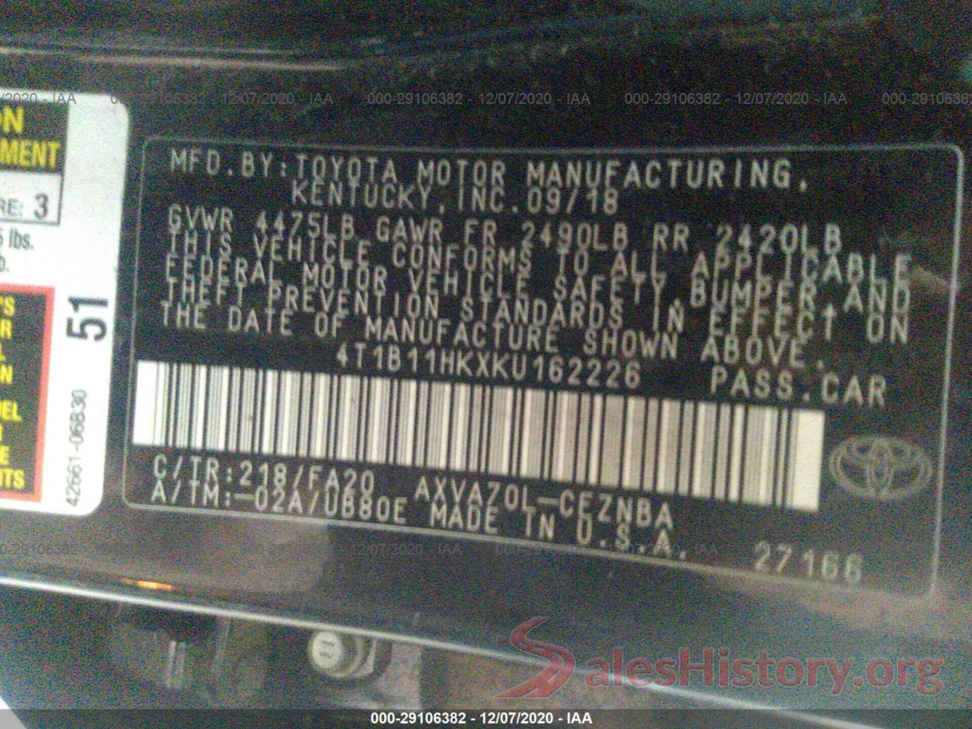 4T1B11HKXKU162226 2019 TOYOTA CAMRY