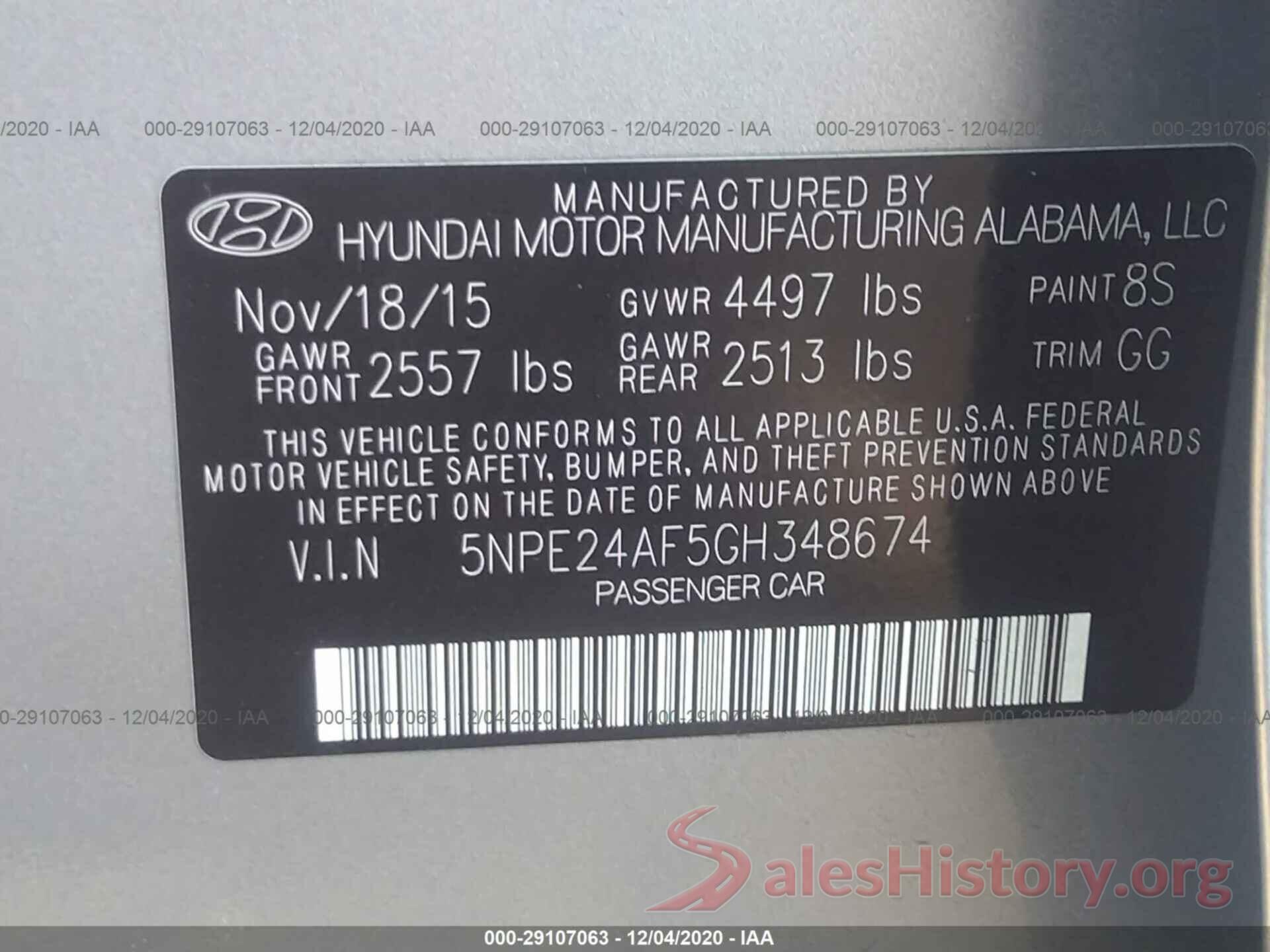 5NPE24AF5GH348674 2016 HYUNDAI SONATA