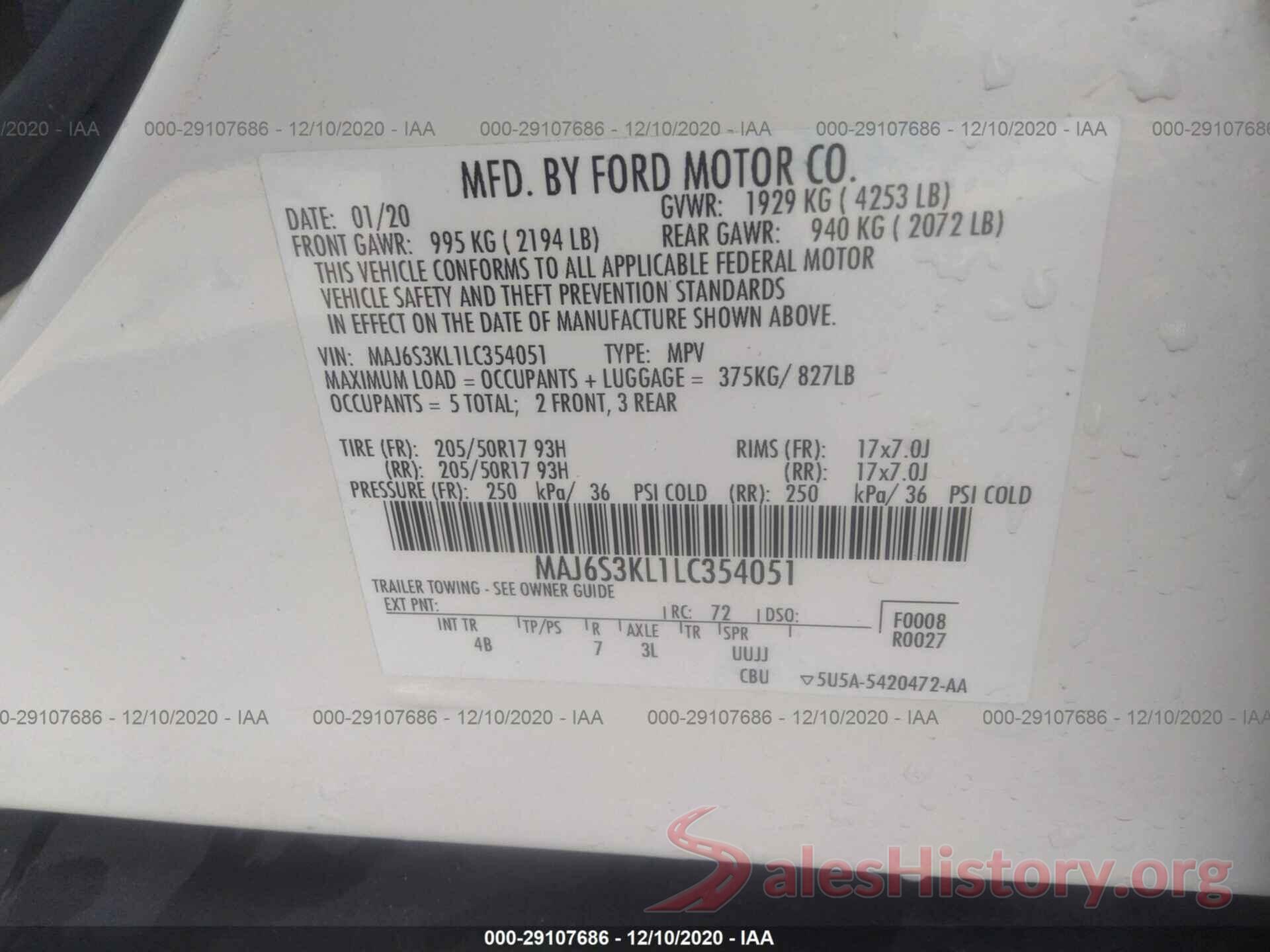 MAJ6S3KL1LC354051 2020 FORD ECOSPORT