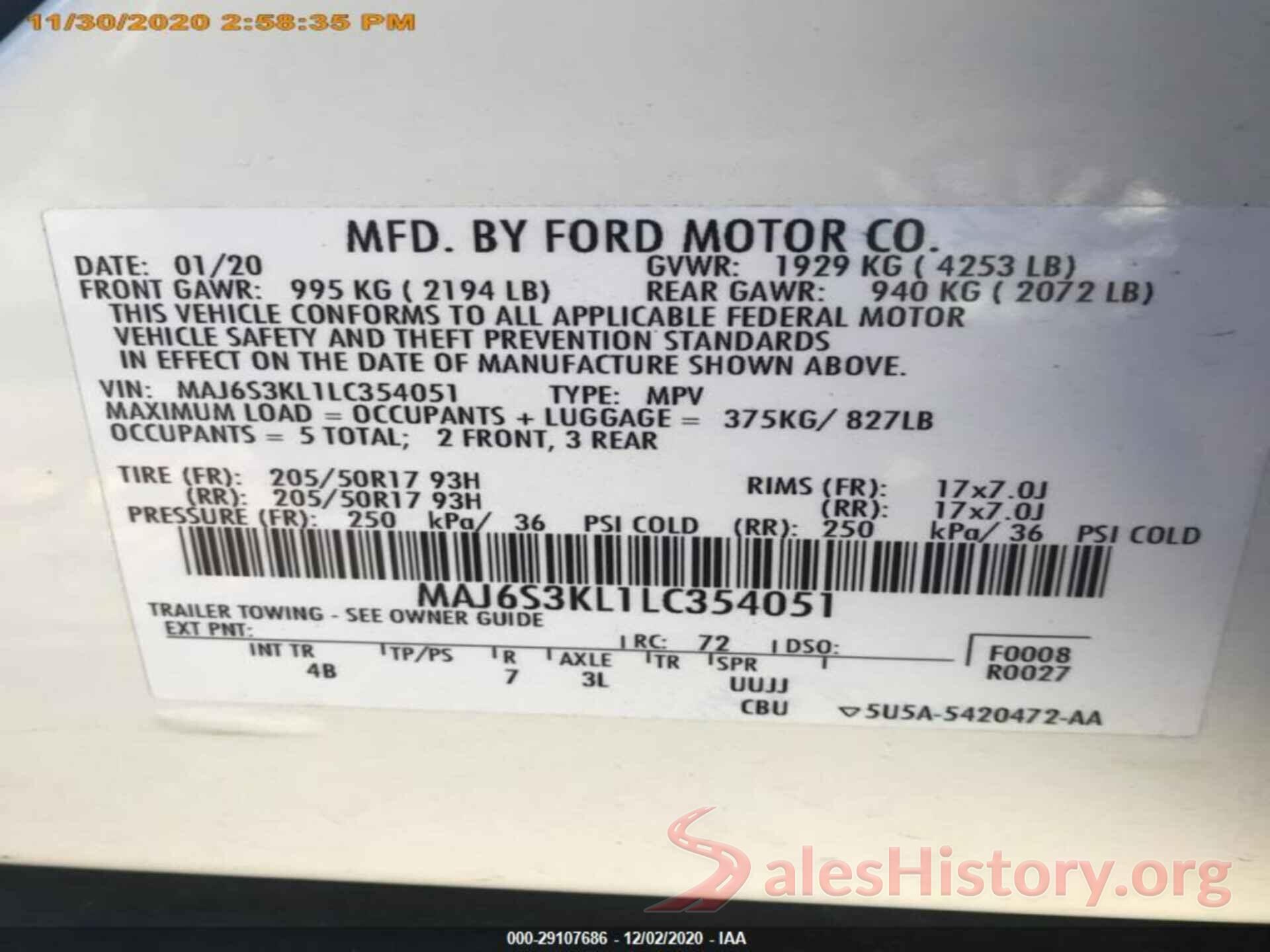 MAJ6S3KL1LC354051 2020 FORD ECOSPORT