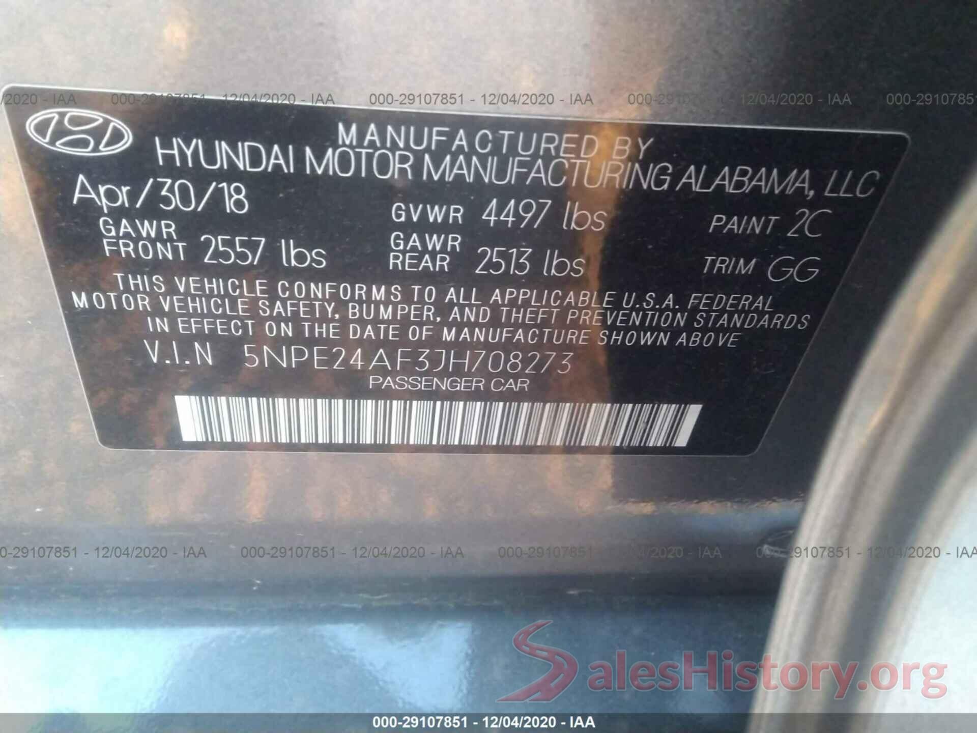 5NPE24AF3JH708273 2018 HYUNDAI SONATA