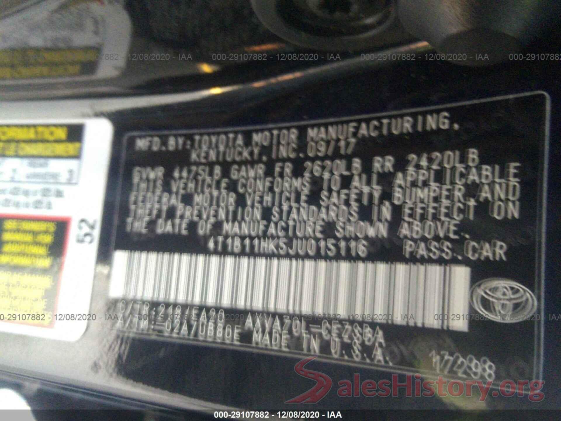 4T1B11HK5JU015116 2018 TOYOTA CAMRY