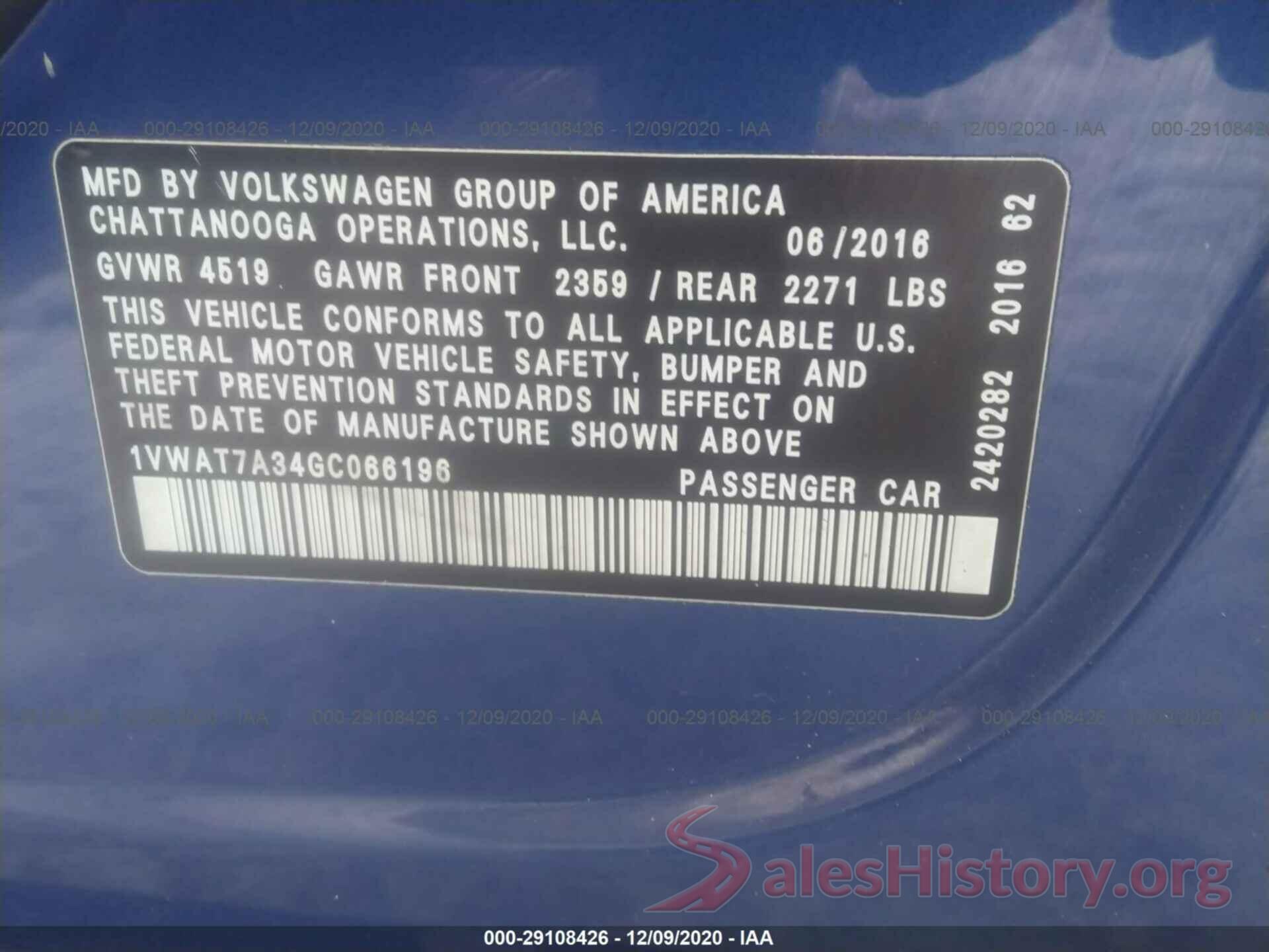 1VWAT7A34GC066196 2016 VOLKSWAGEN PASSAT