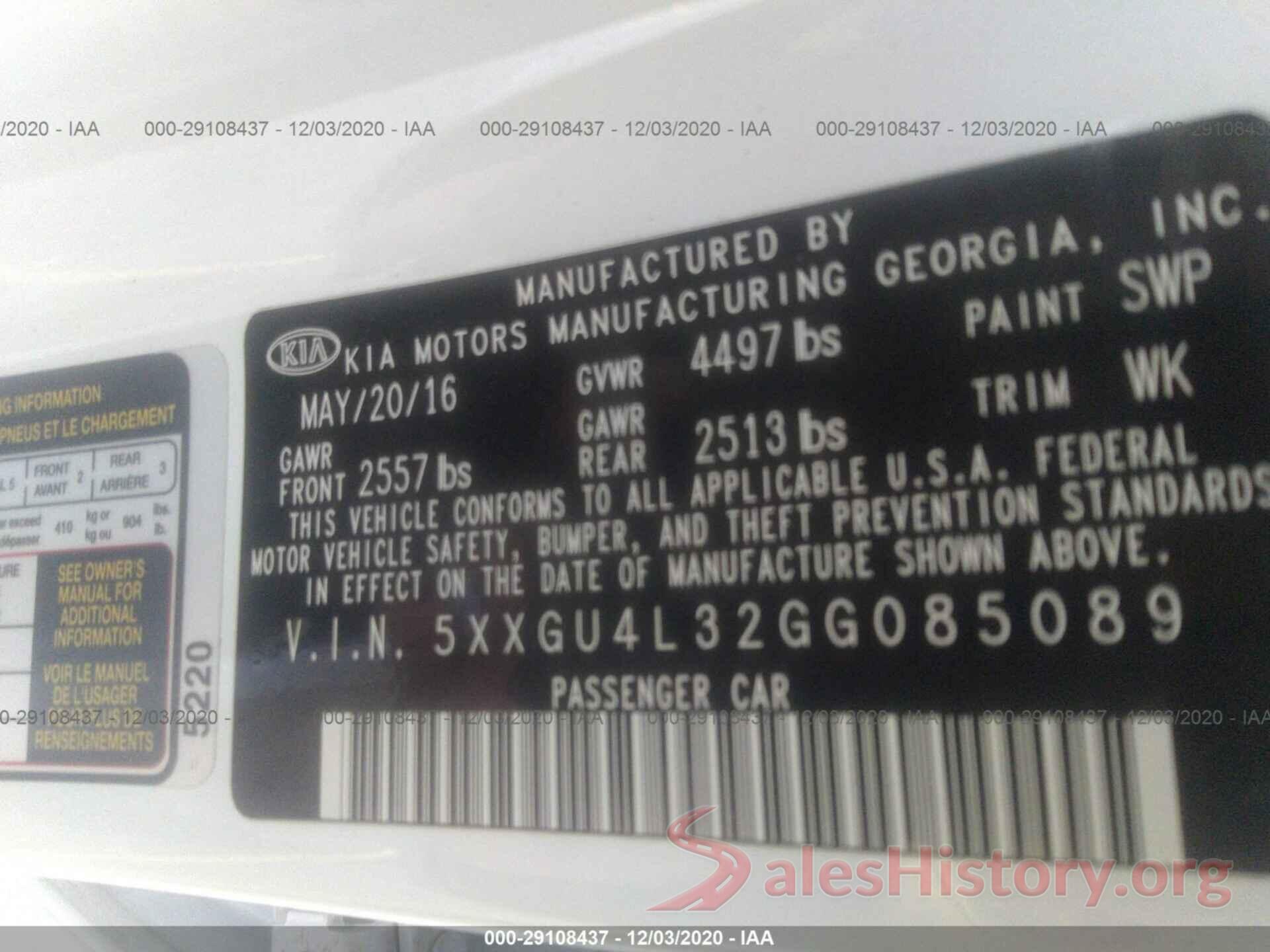 5XXGU4L32GG085089 2016 KIA OPTIMA