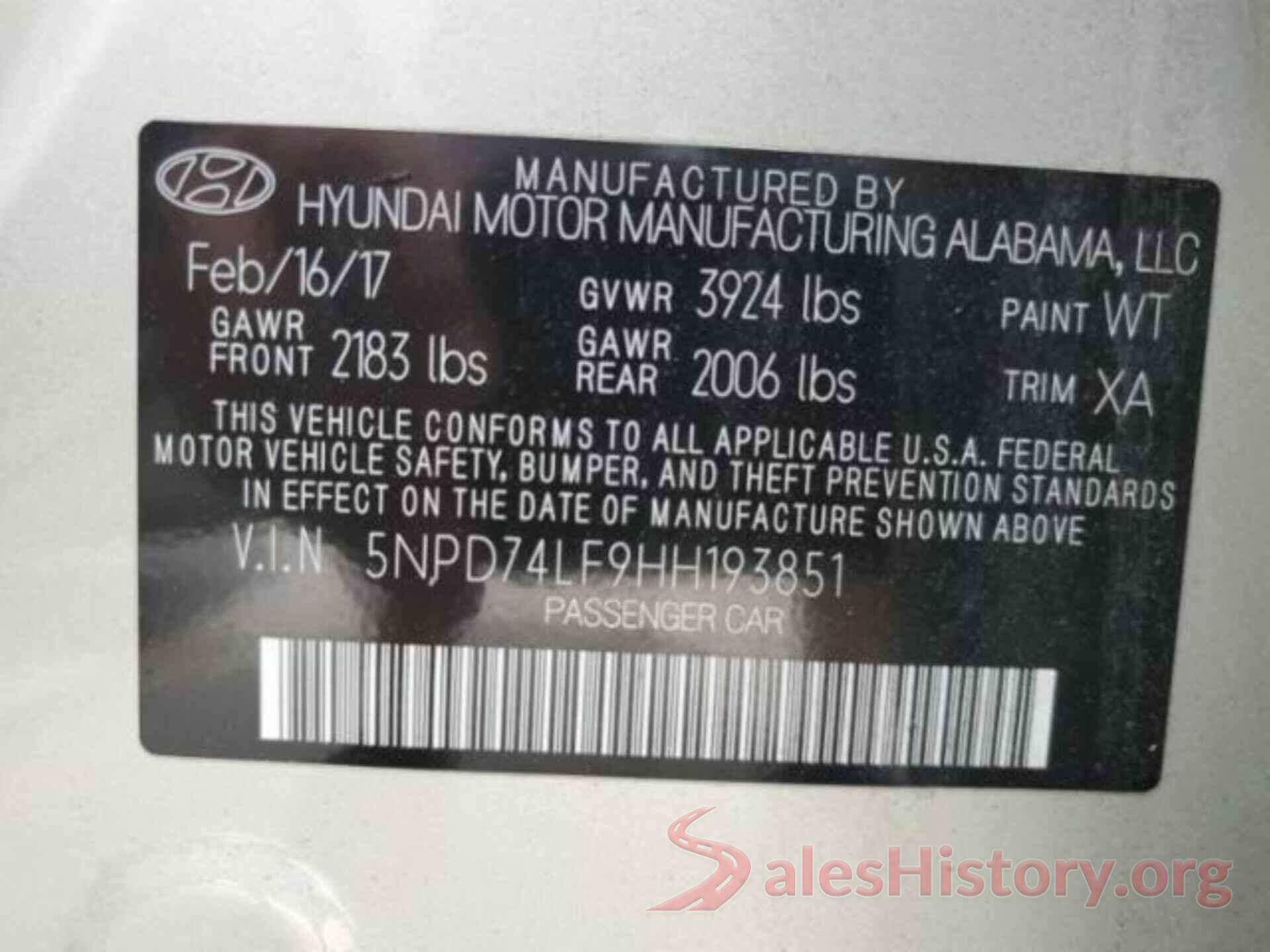 5NPD74LF9HH193851 2017 HYUNDAI ELANTRA