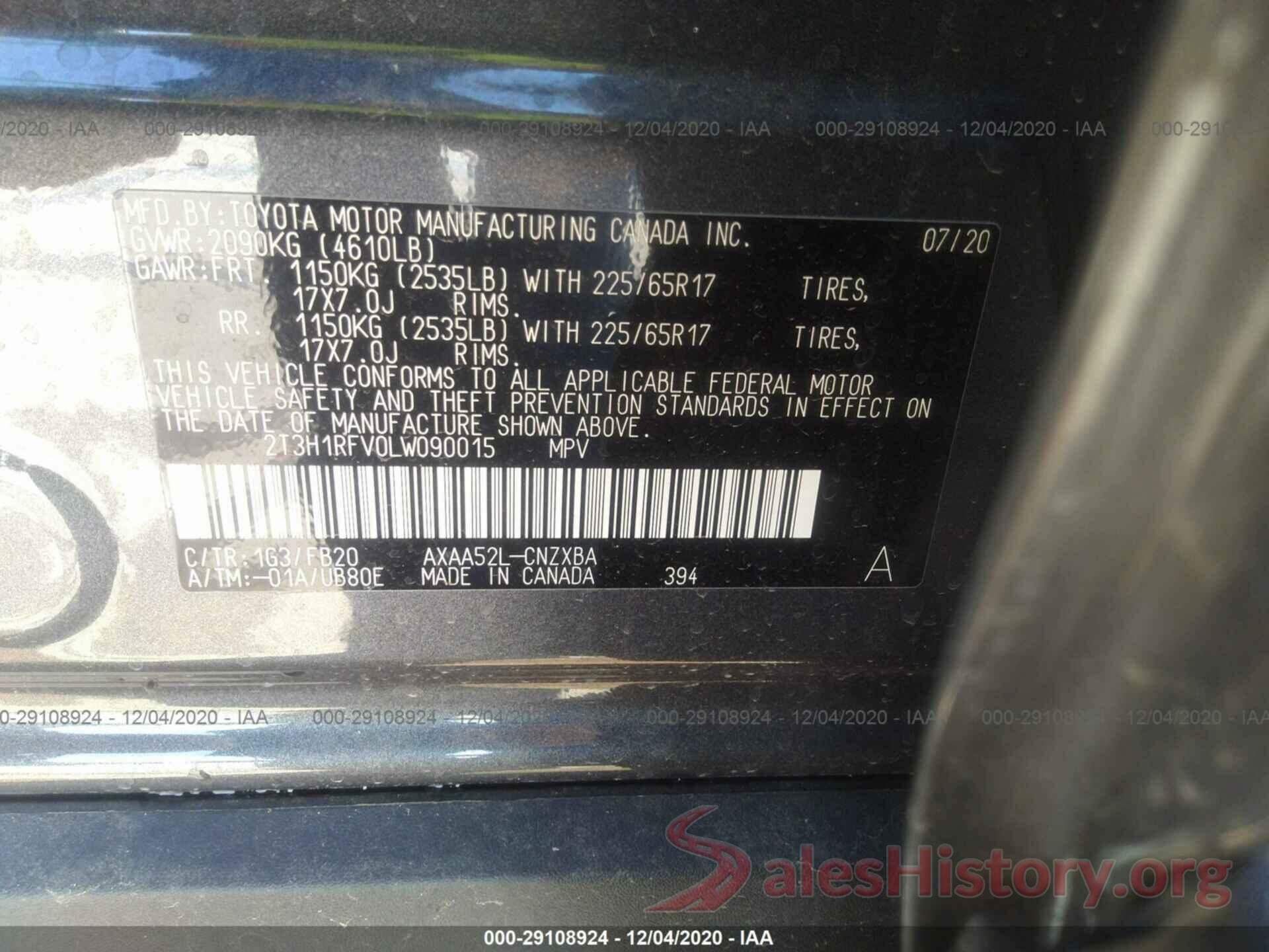 2T3H1RFV0LW090015 2020 TOYOTA RAV4