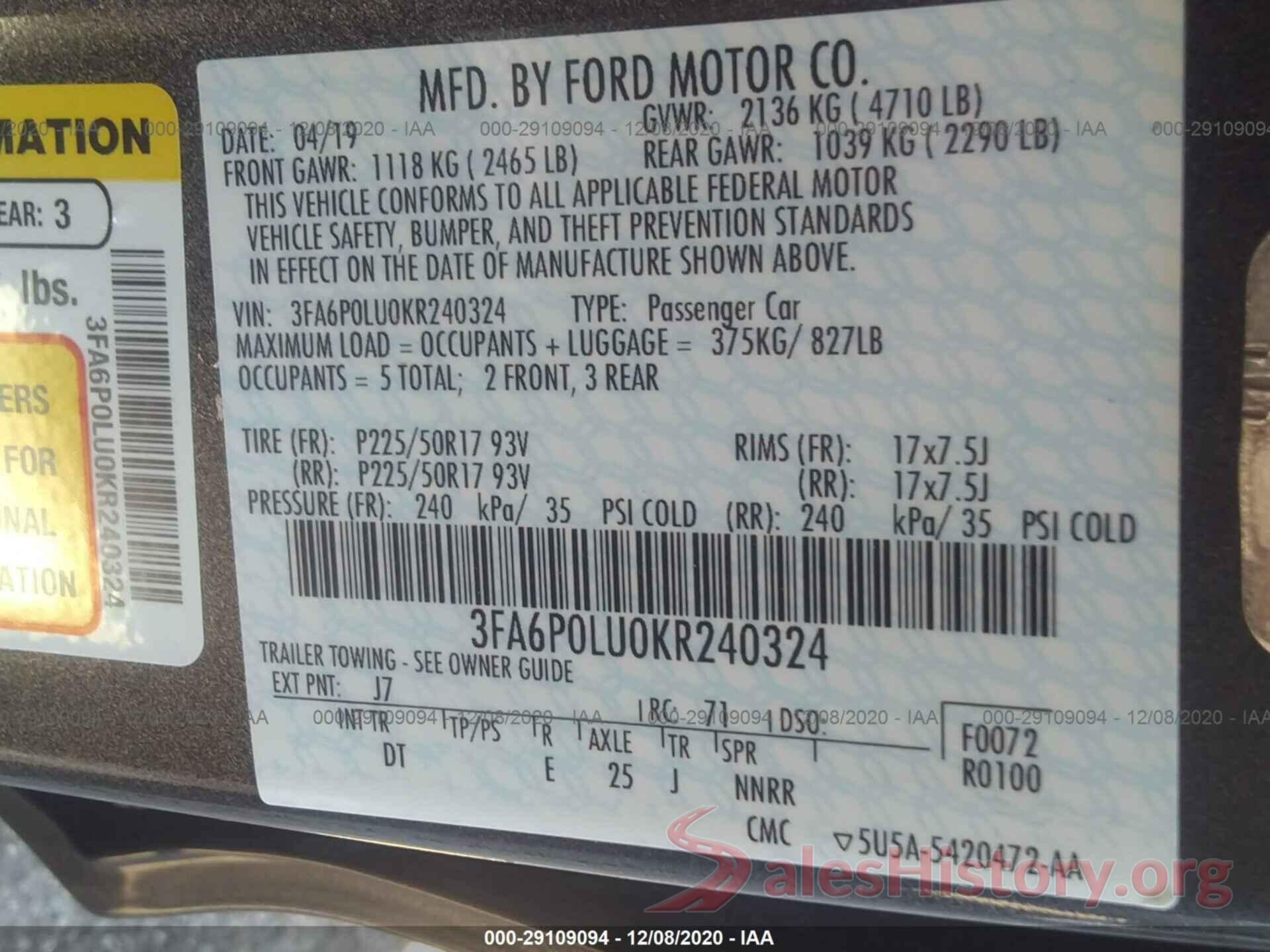 3FA6P0LU0KR240324 2019 FORD FUSION HYBRID