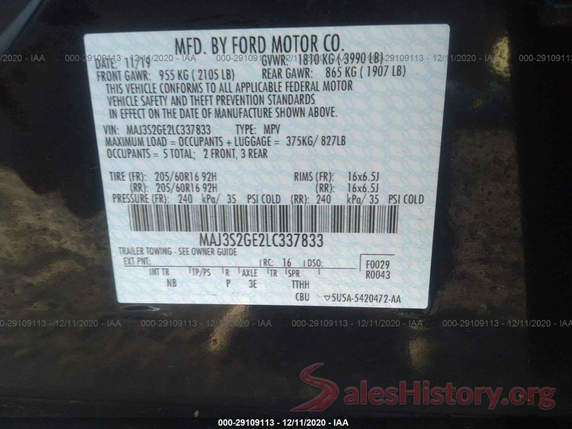 MAJ3S2GE2LC337833 2020 FORD ECOSPORT