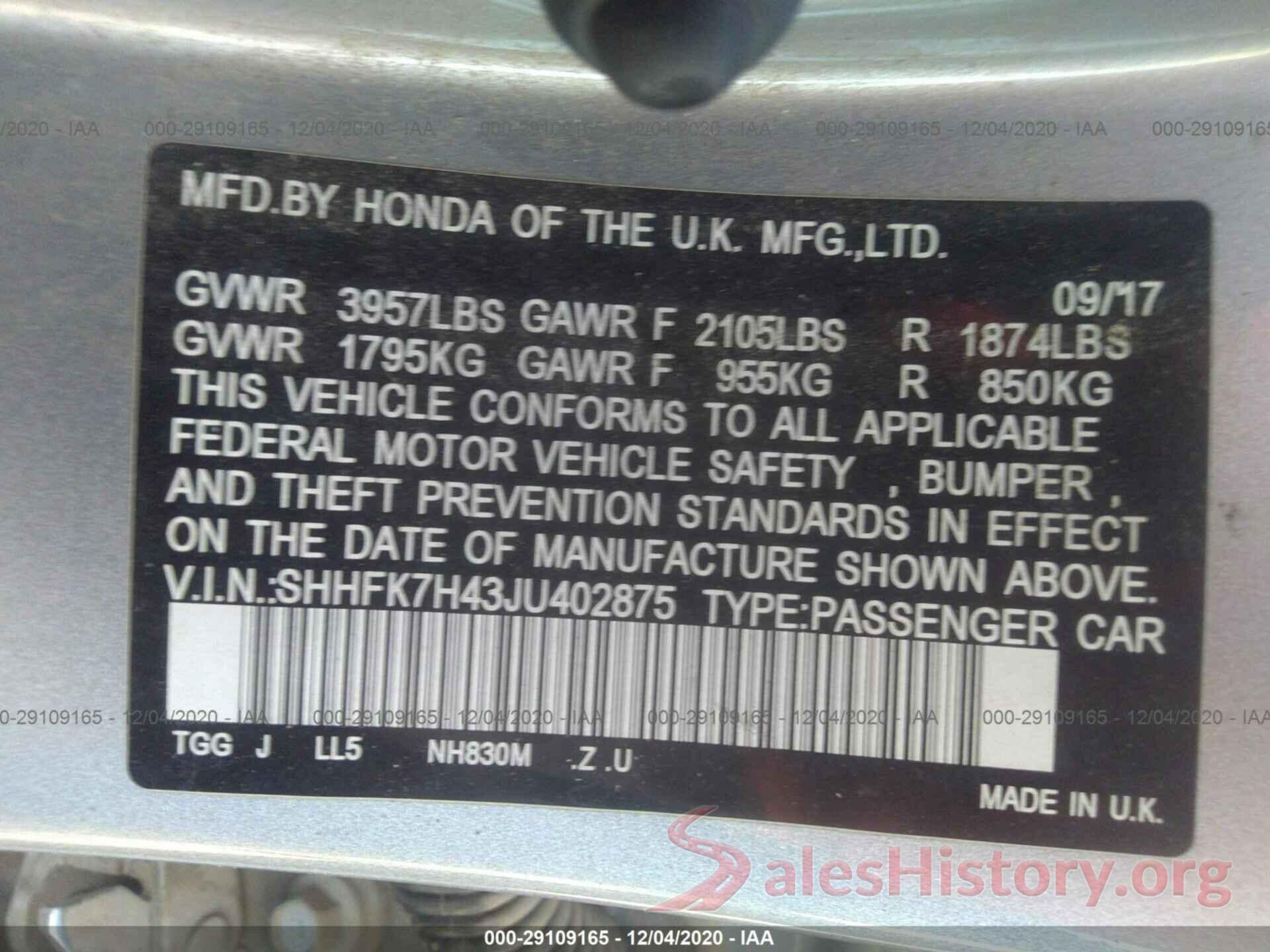 SHHFK7H43JU402875 2018 HONDA CIVIC HATCHBACK