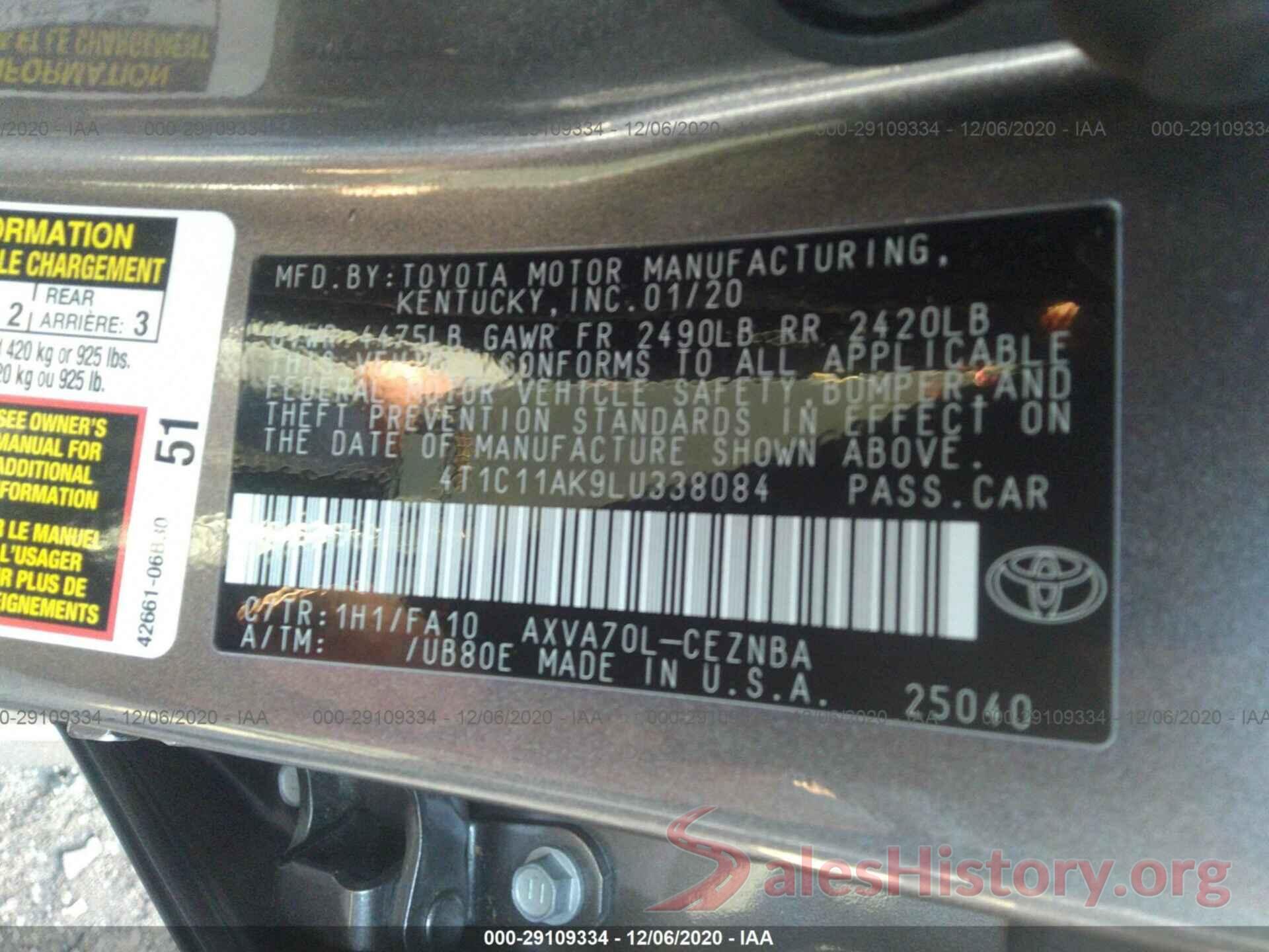 4T1C11AK9LU338084 2020 TOYOTA CAMRY